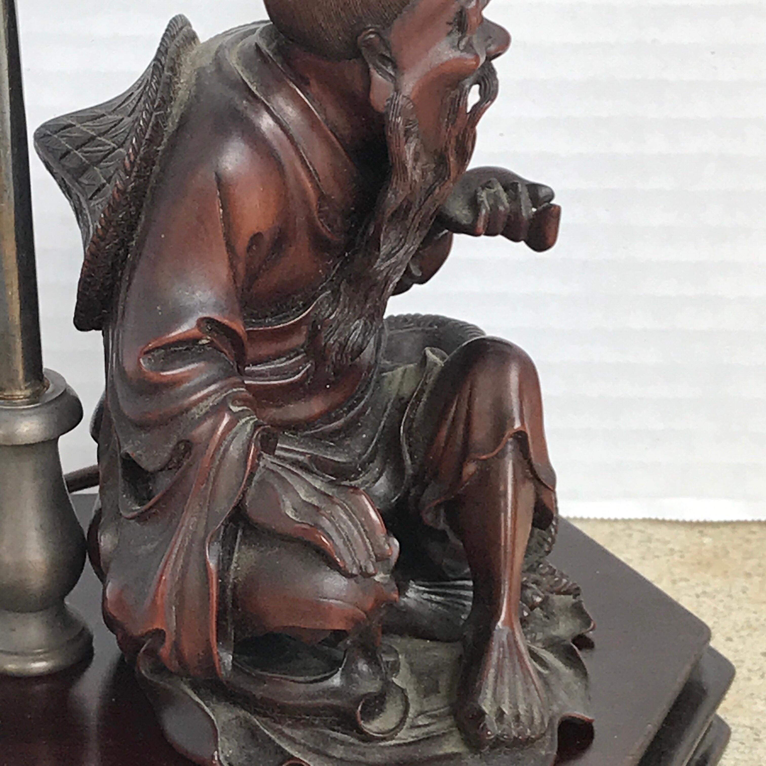 Chinese Hardwood Carving of a Seated Man, Now as a Lamp 4