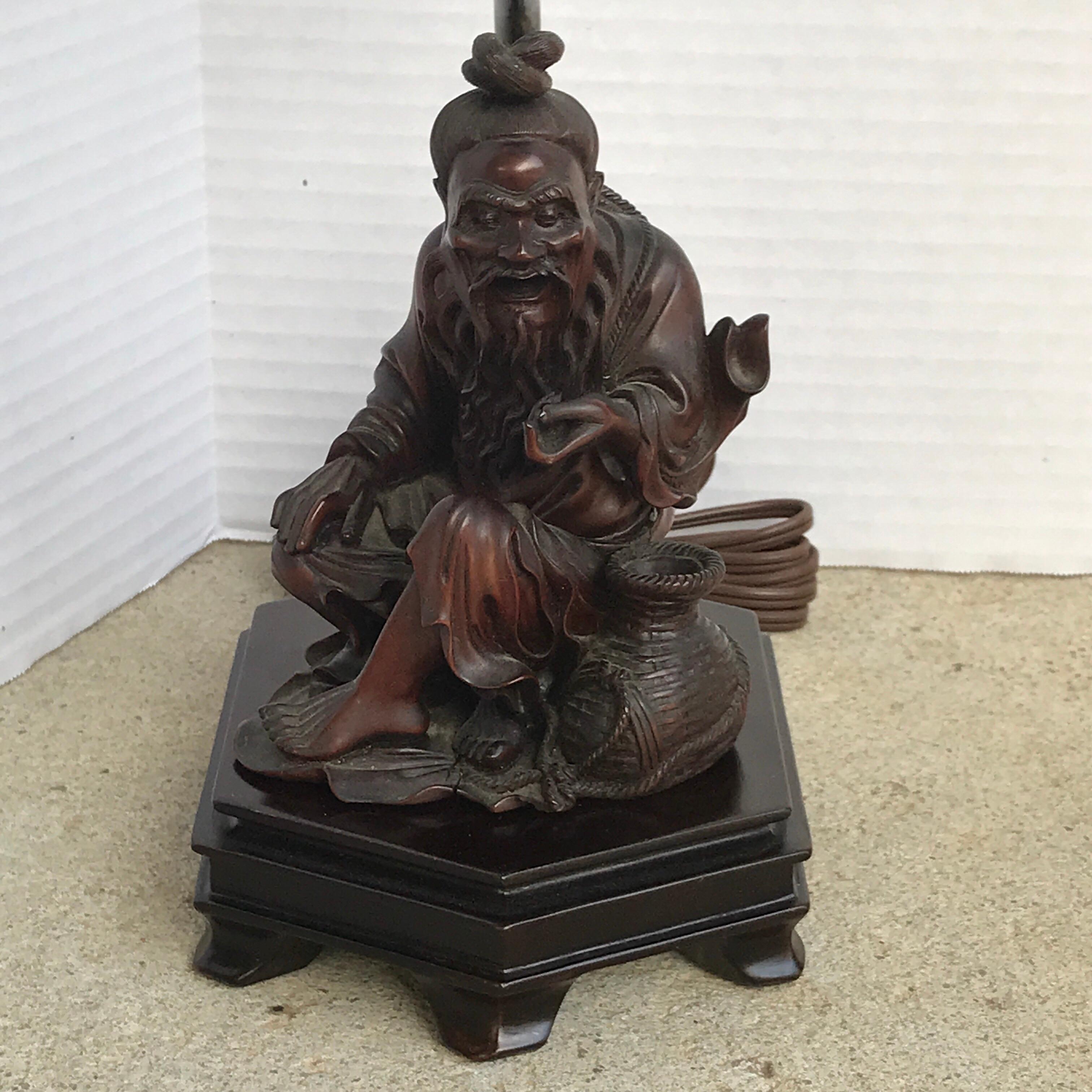 Chinese hardwood carving of a seated man, now a lamp, exquisite detailed carving on a hexagonal base, 8