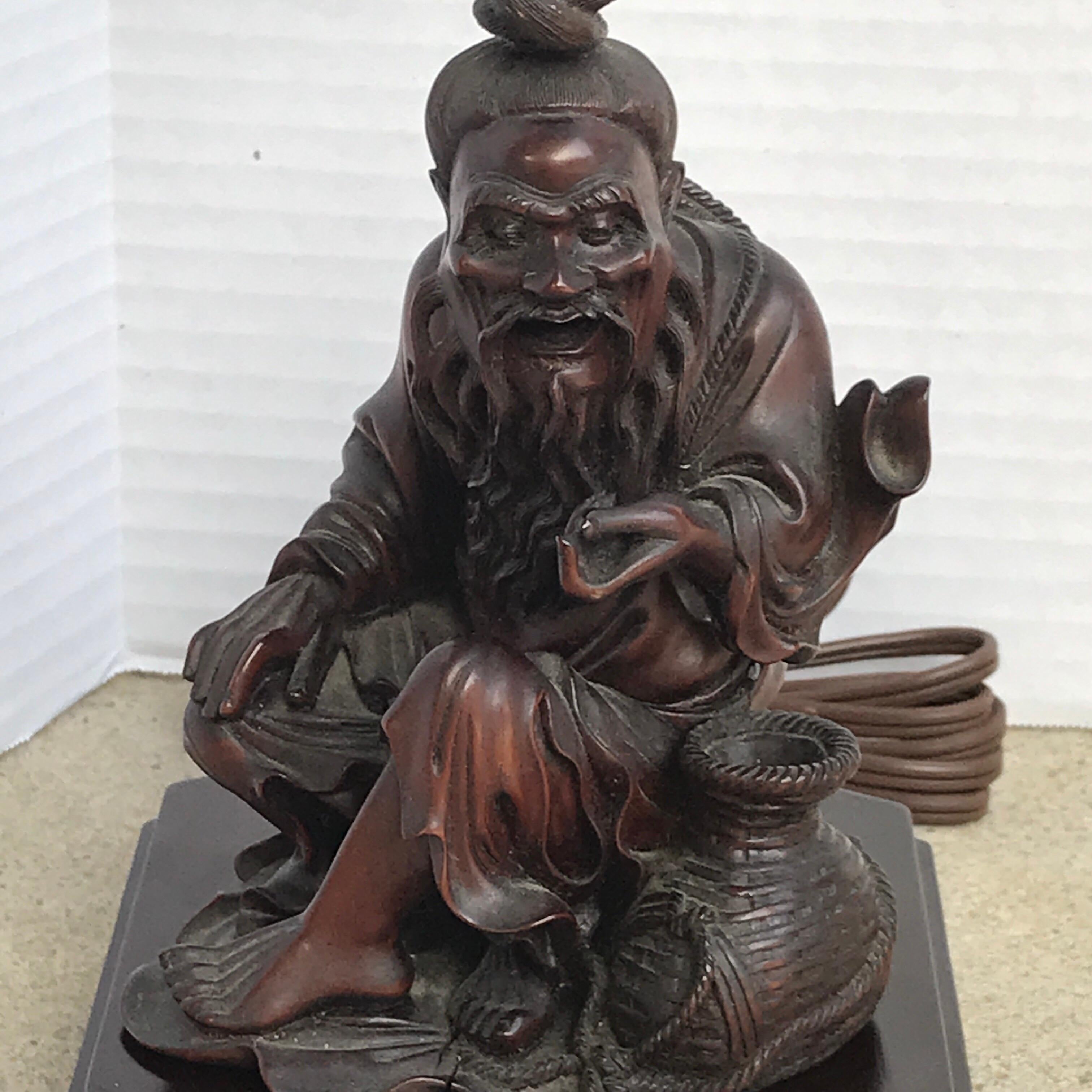 Chinese Export Chinese Hardwood Carving of a Seated Man, Now as a Lamp
