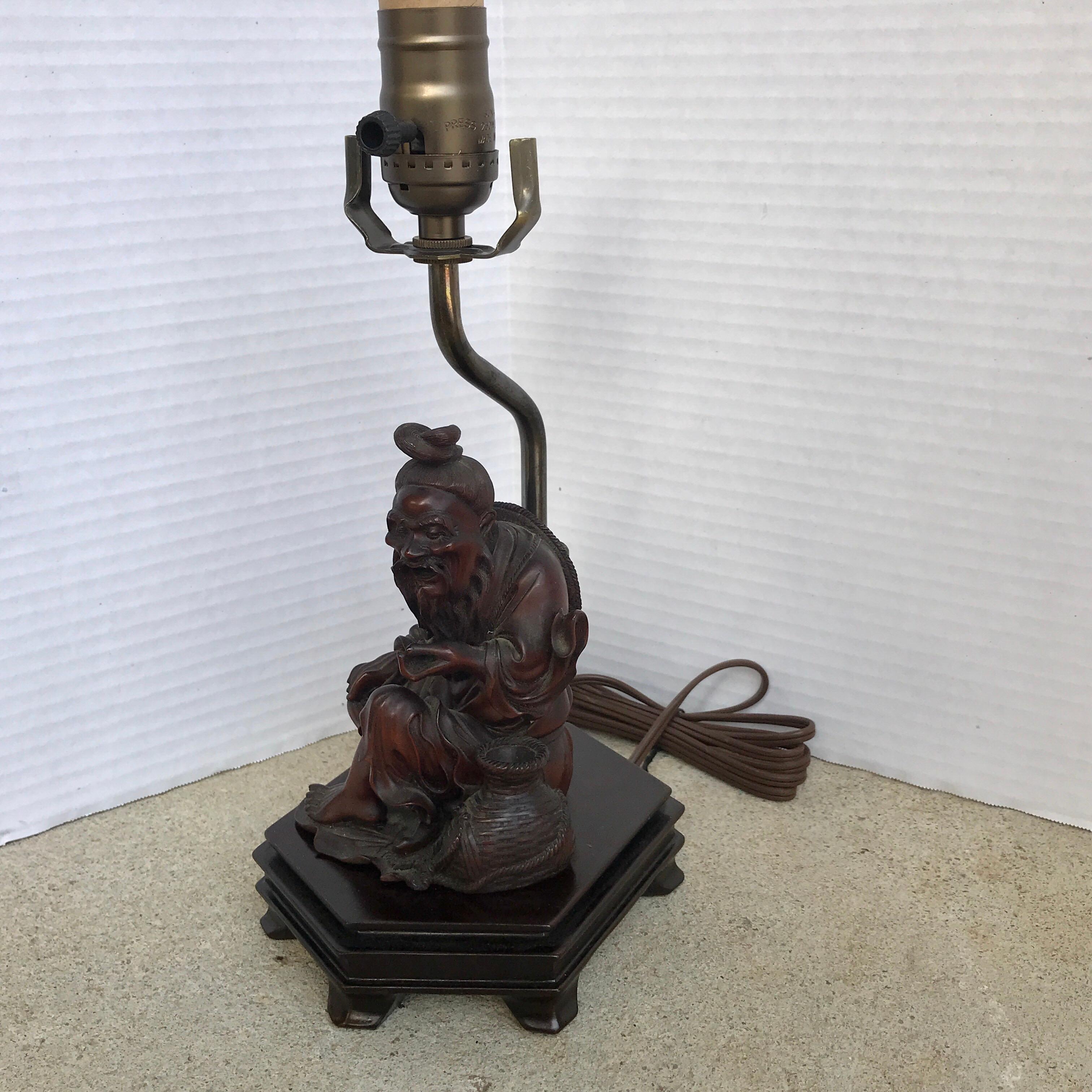 Hand-Carved Chinese Hardwood Carving of a Seated Man, Now as a Lamp