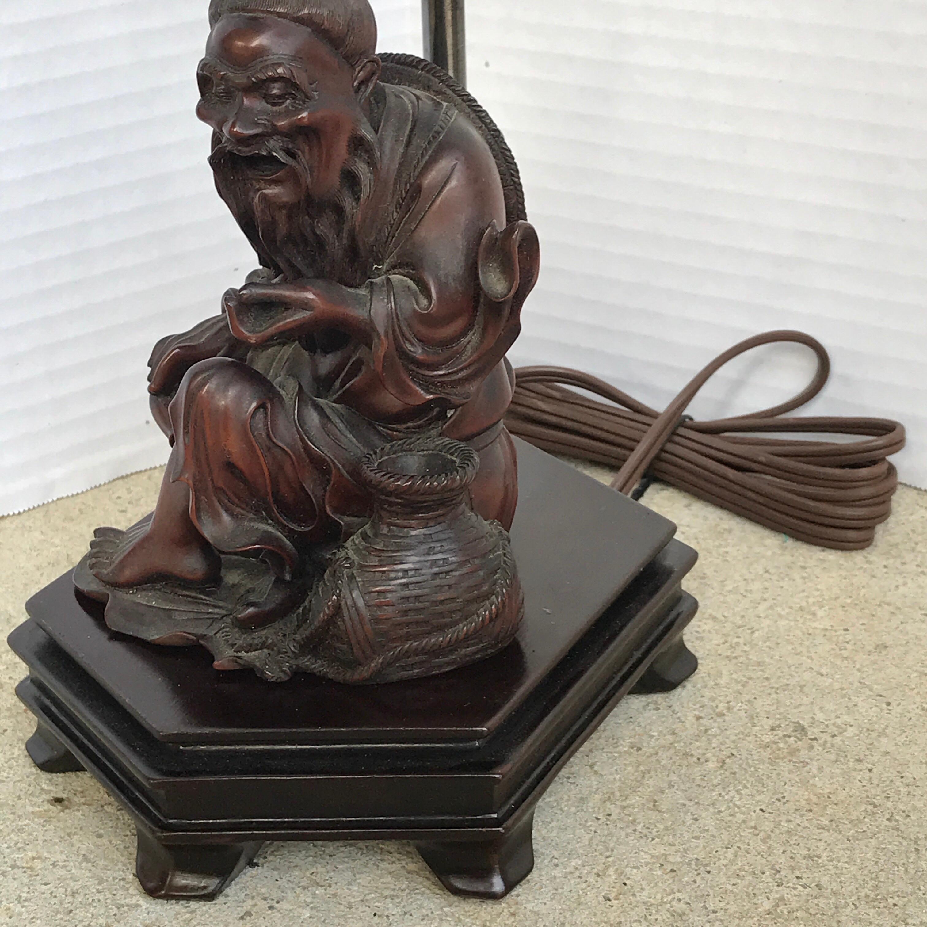 Chinese Hardwood Carving of a Seated Man, Now as a Lamp In Good Condition In Atlanta, GA