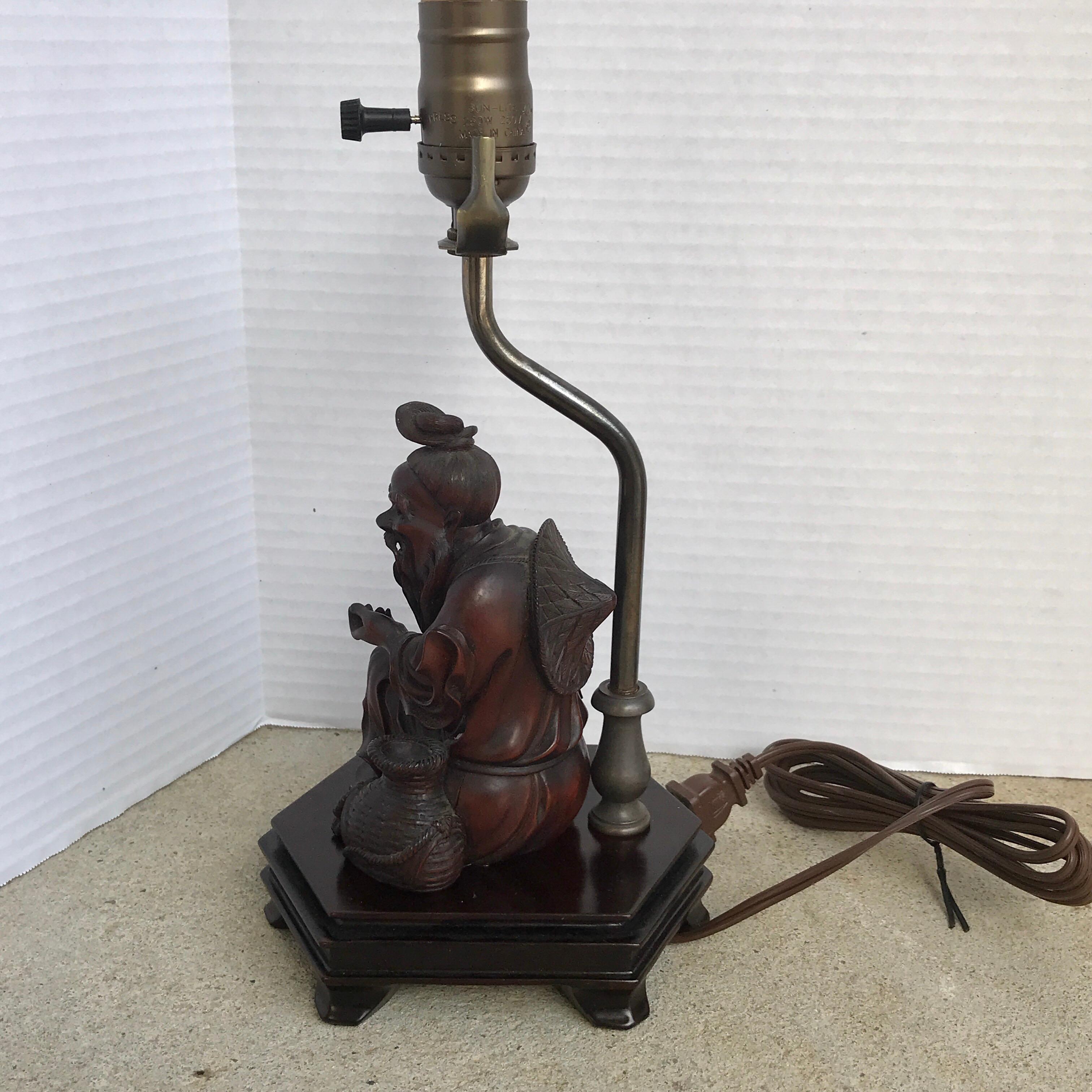 20th Century Chinese Hardwood Carving of a Seated Man, Now as a Lamp