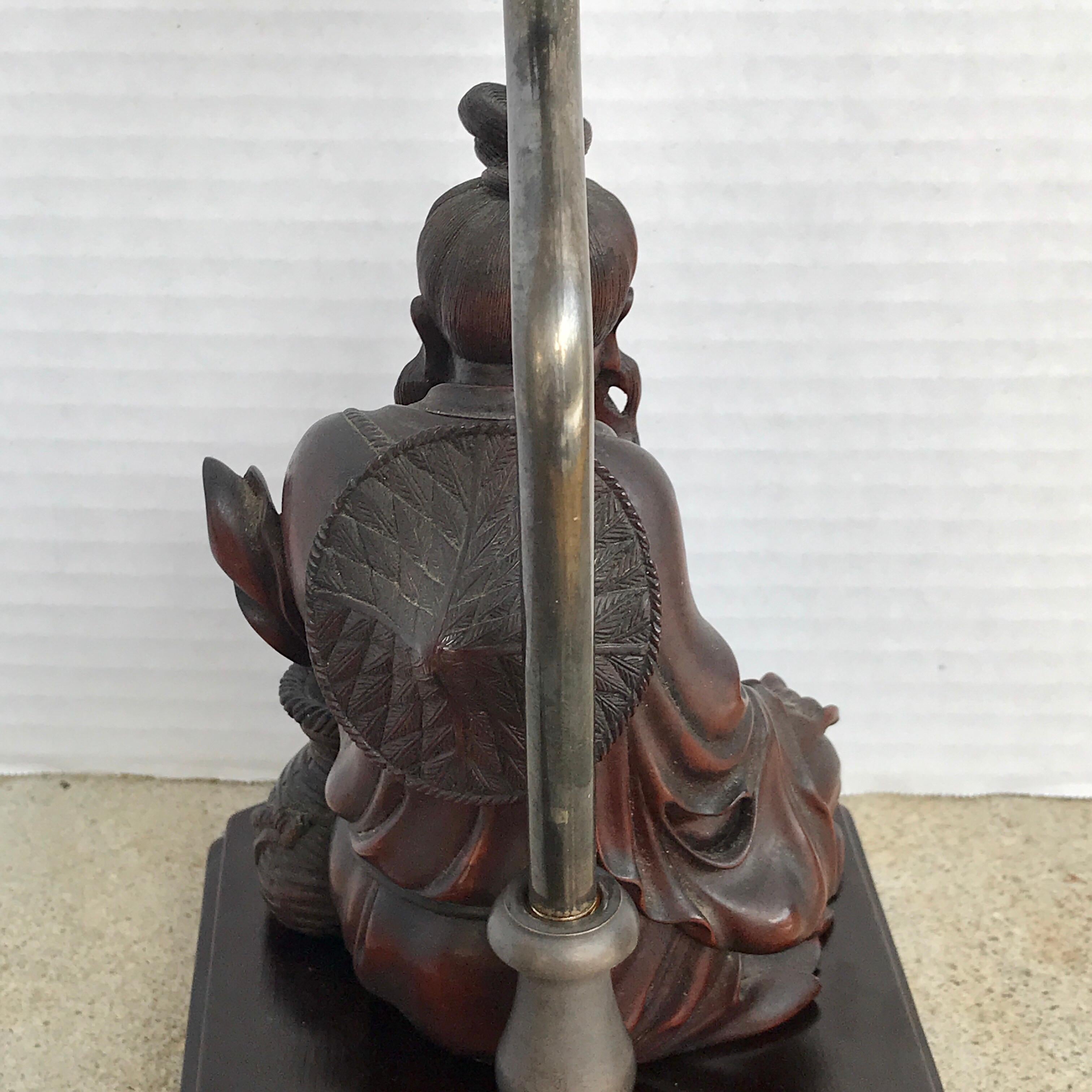 Chinese Hardwood Carving of a Seated Man, Now as a Lamp 1