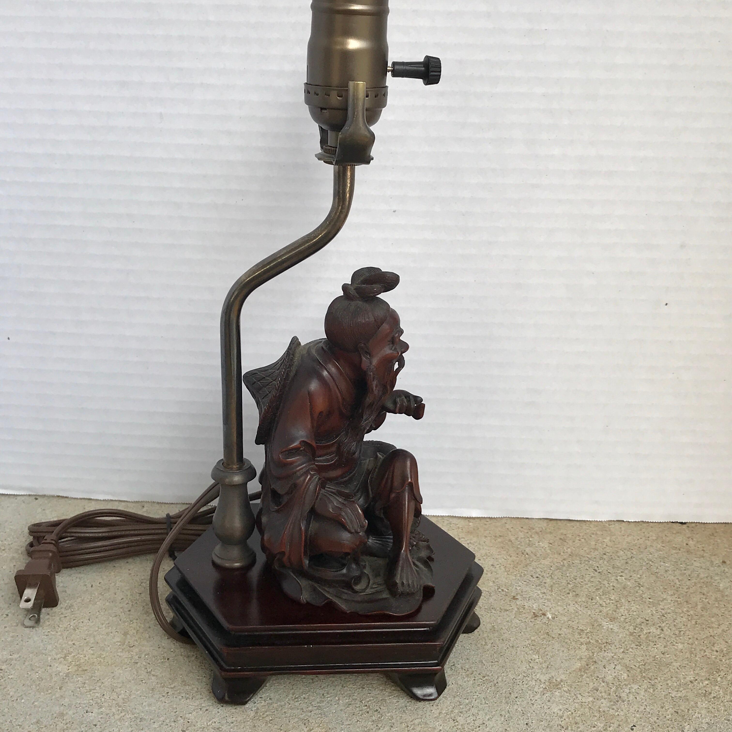 Chinese Hardwood Carving of a Seated Man, Now as a Lamp 2