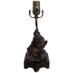 Chinese Hardwood Carving of a Seated Man, Now as a Lamp