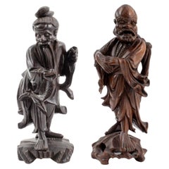 Chinese Hardwood Carvings of Immortals, Pair