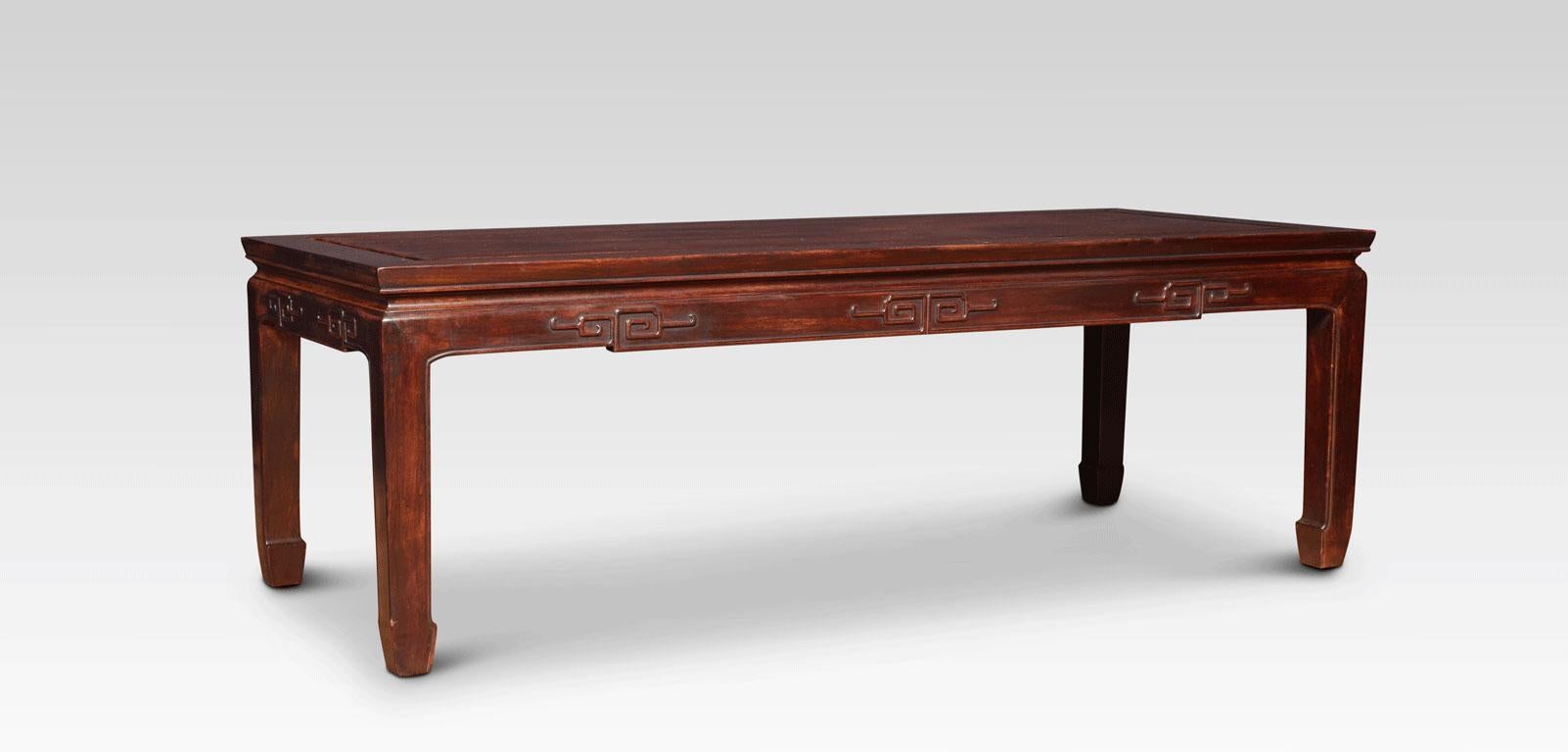 Chinese hardwood coffee table / opium table, of long rectangular form with carved apron. All raised up on four square sectional legs.
Dimensions:
Height 16 inches
Width 48 inches
Depth 20 inches.