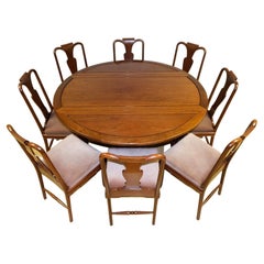 Chinesischer Hartholz-Esstisch mit klappbaren Blättern und Kugelfüßen, Satz von acht Stühlen