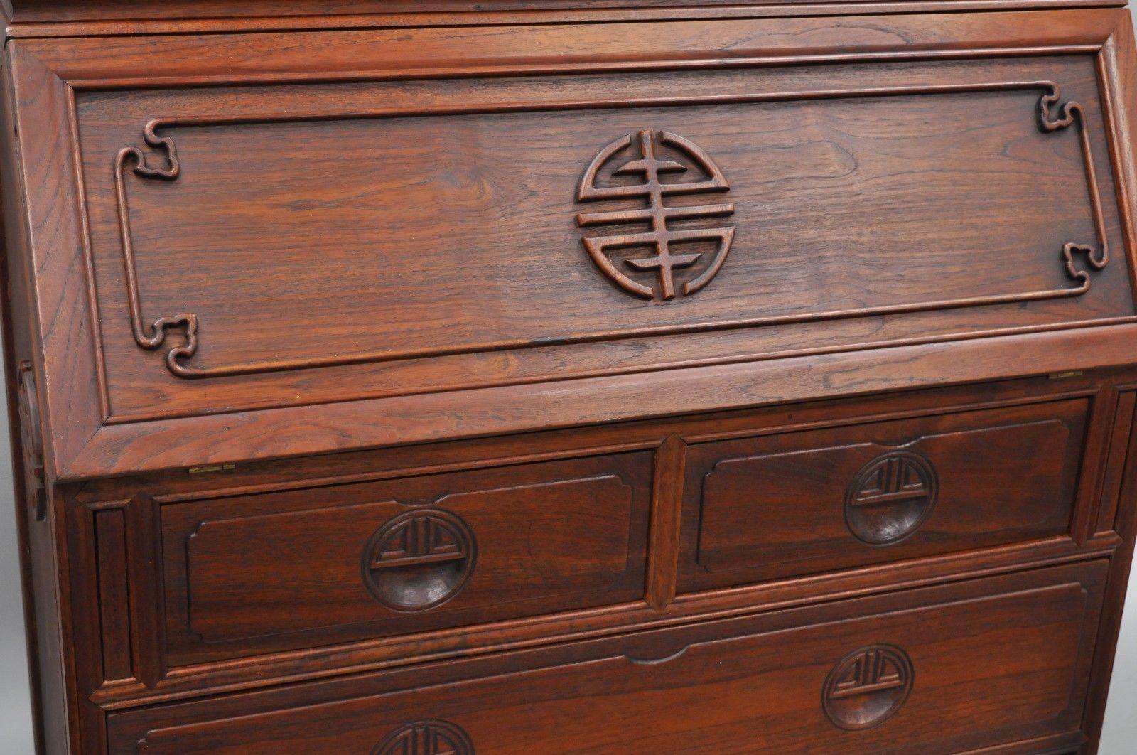 Chinese Hardwood Fall Front Secretary Desk Oriental Cabinet Bookcase Chest 2