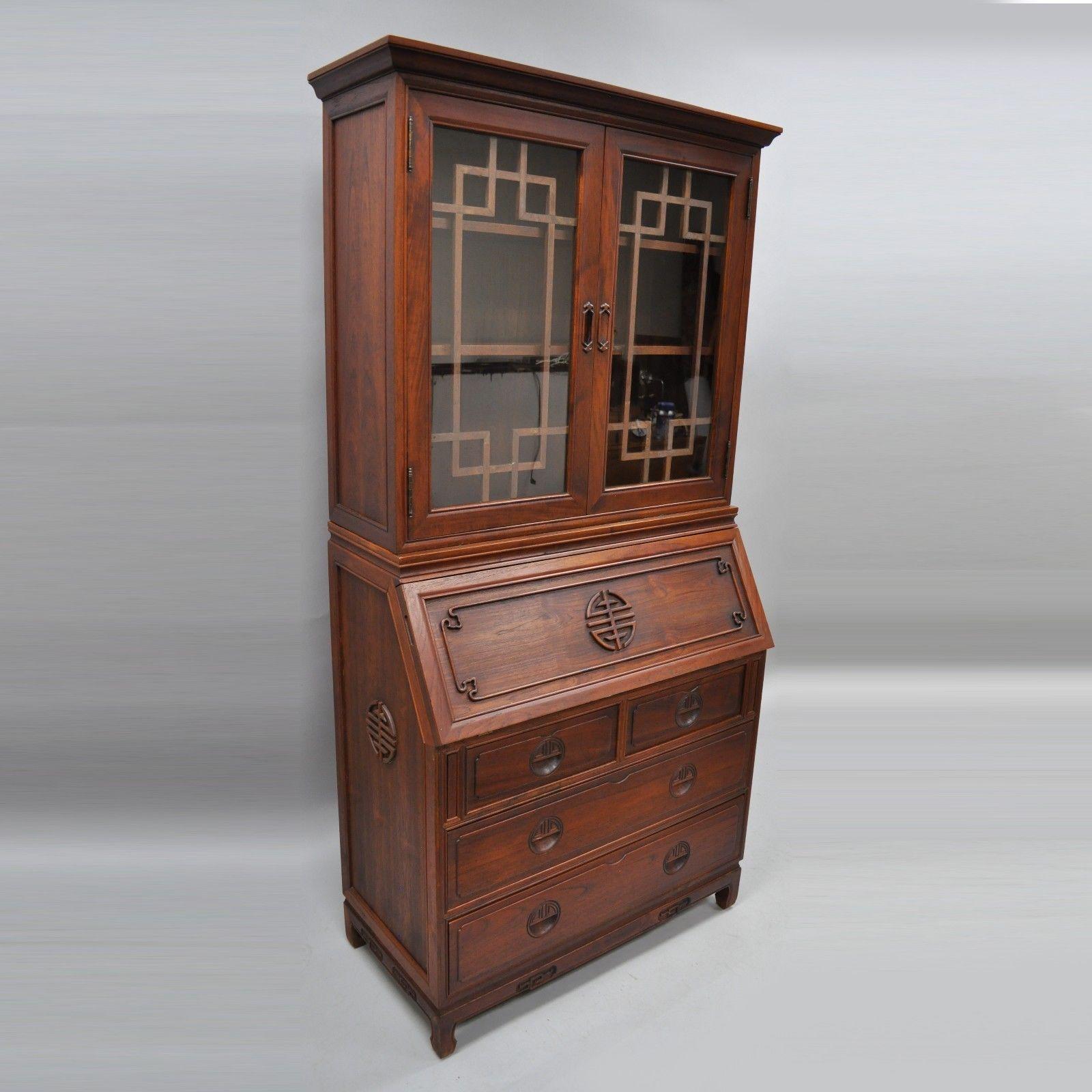 Chinese Hardwood Fall Front Secretary Desk Oriental Cabinet Bookcase Chest 3