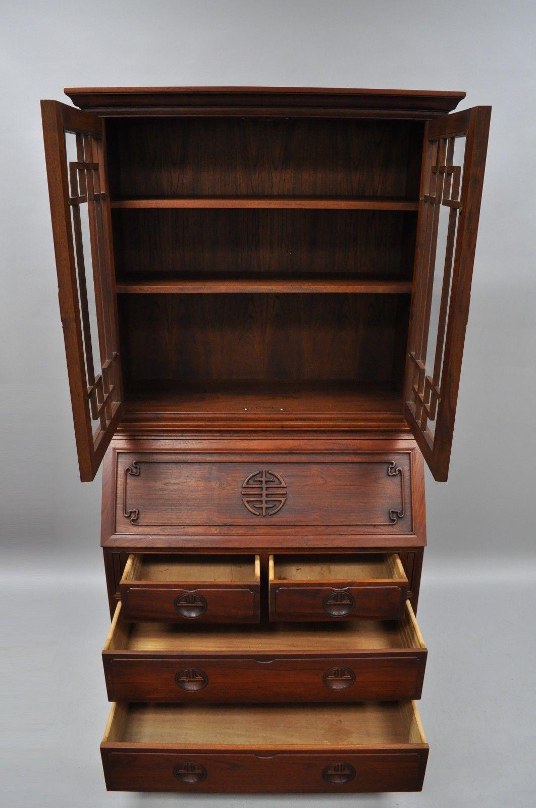 Asian Chinese Hardwood Fall Front Secretary Desk Oriental Cabinet Bookcase Chest