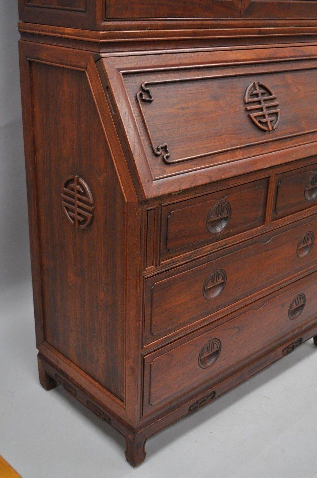 Chinese Hardwood Fall Front Secretary Desk Oriental Cabinet Bookcase Chest In Good Condition In Philadelphia, PA