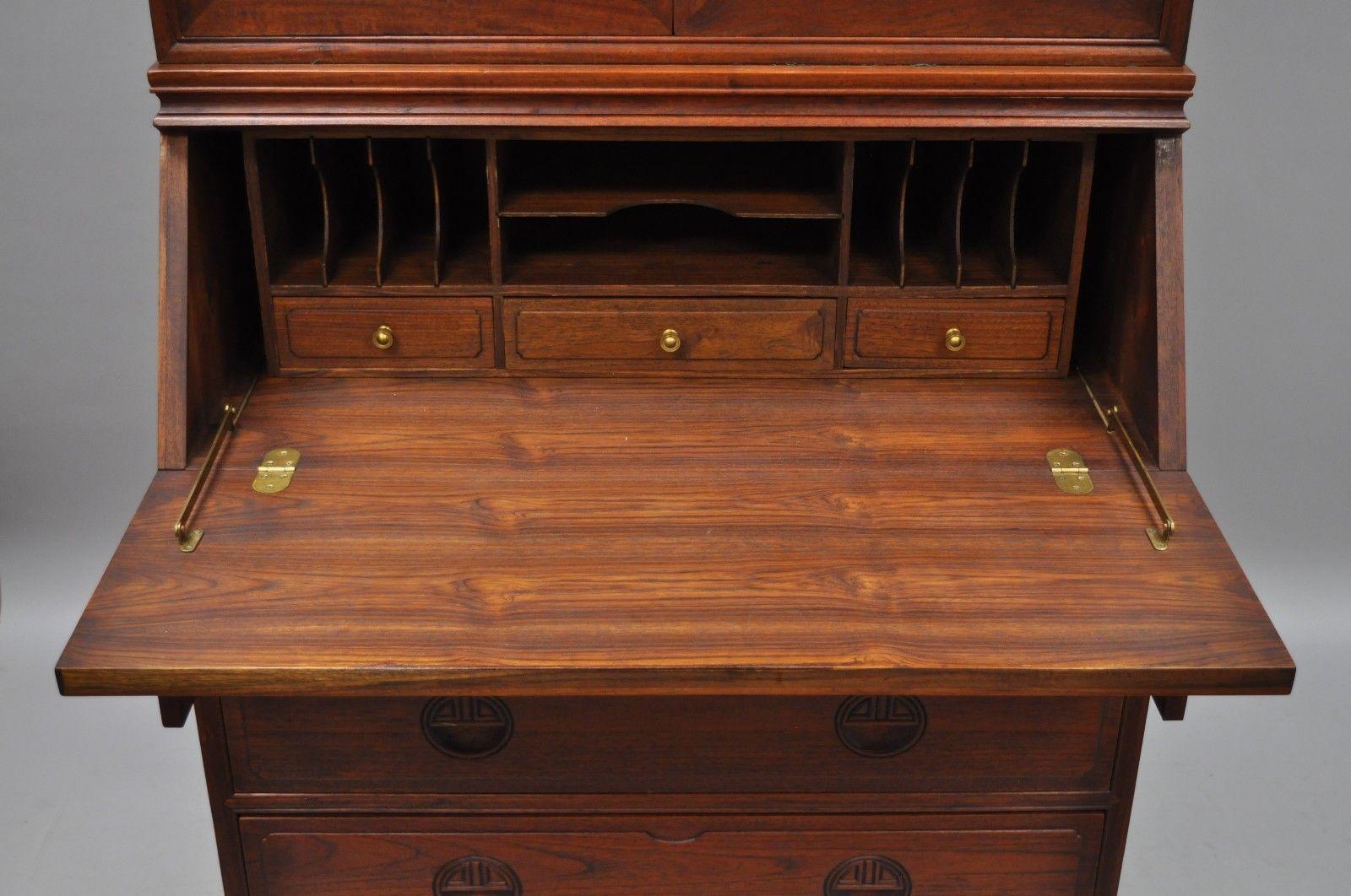 20th Century Chinese Hardwood Fall Front Secretary Desk Oriental Cabinet Bookcase Chest