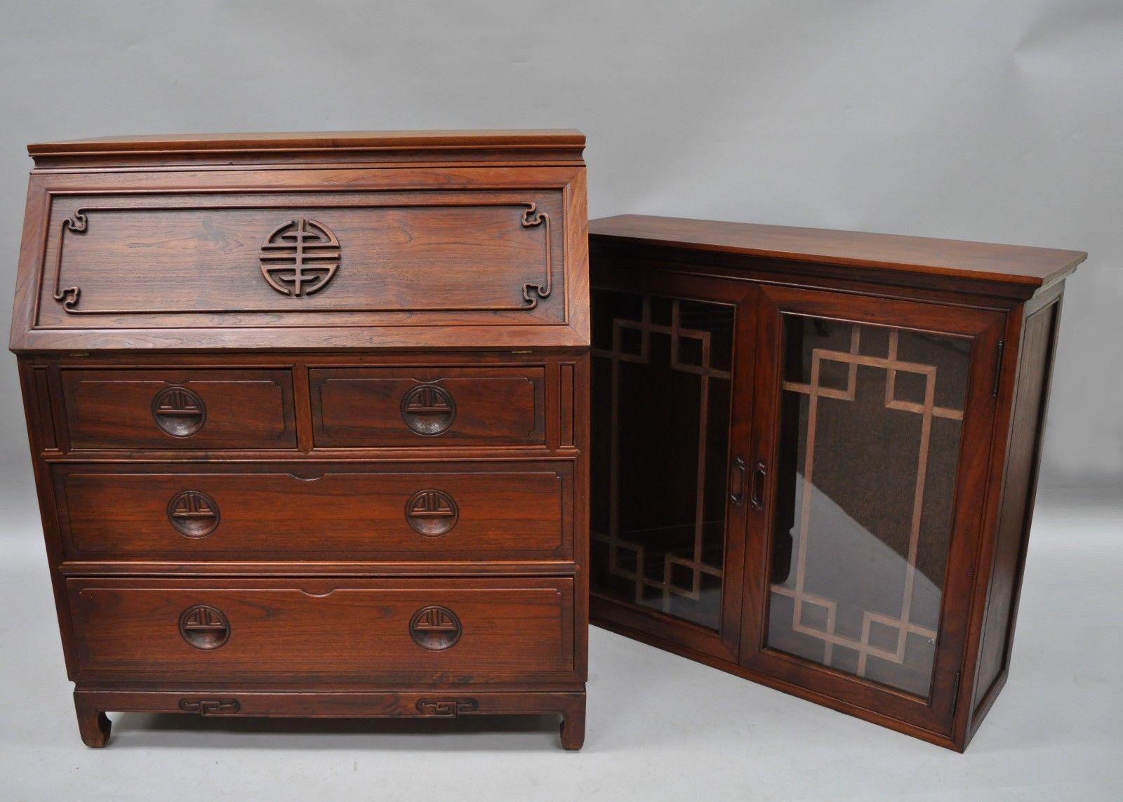 Chinese Hardwood Fall Front Secretary Desk Oriental Cabinet Bookcase Chest 1