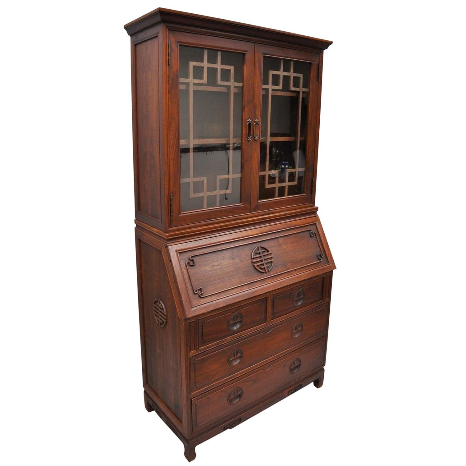 Chinese Hardwood Fall Front Secretary Desk Oriental Cabinet