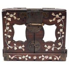 Antique Chinese Hardwood Jewelry Box with Mother of Pearl Inlay, c. 1850