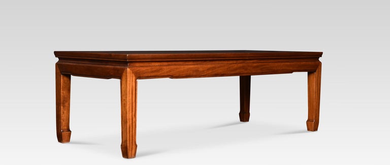 Chinese hardwood low coffee table, of rectangular form with moulded frieze, raised on square supports.
Dimensions
Height 16 inches
Width 48 inches
Depth 21 inches.