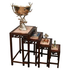 Chinese Hardwood Nest of Tables Set 4 Marble Tops