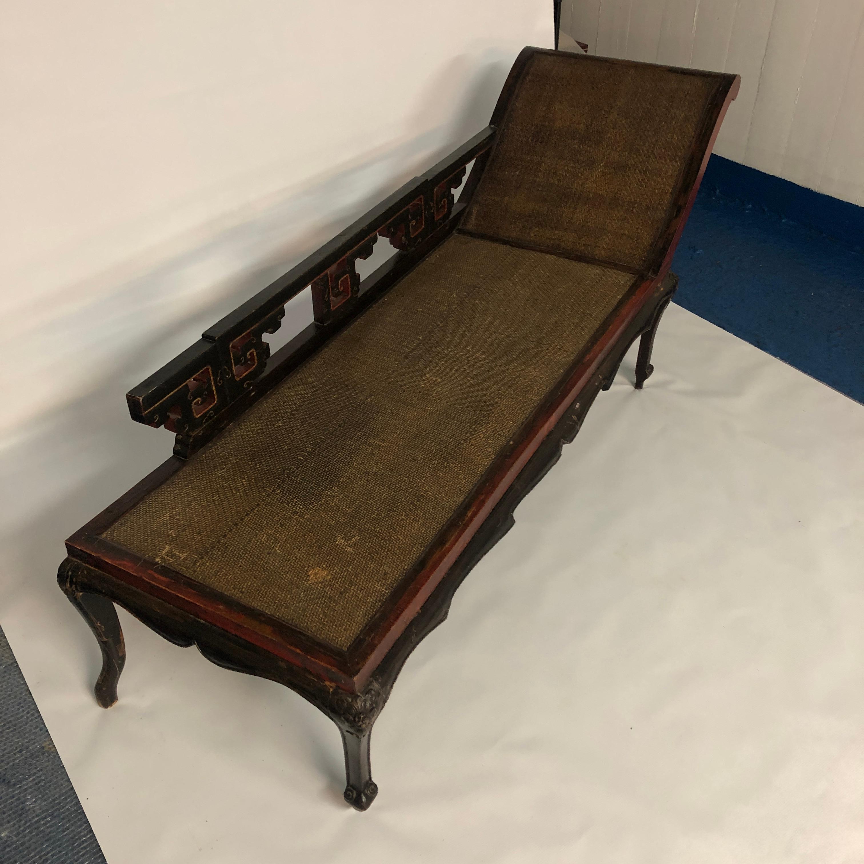 Late 19th Century Chinese Hardwood Rattan Daybed Antique Qing Chaise Lounge Victorian Regency 1890 For Sale