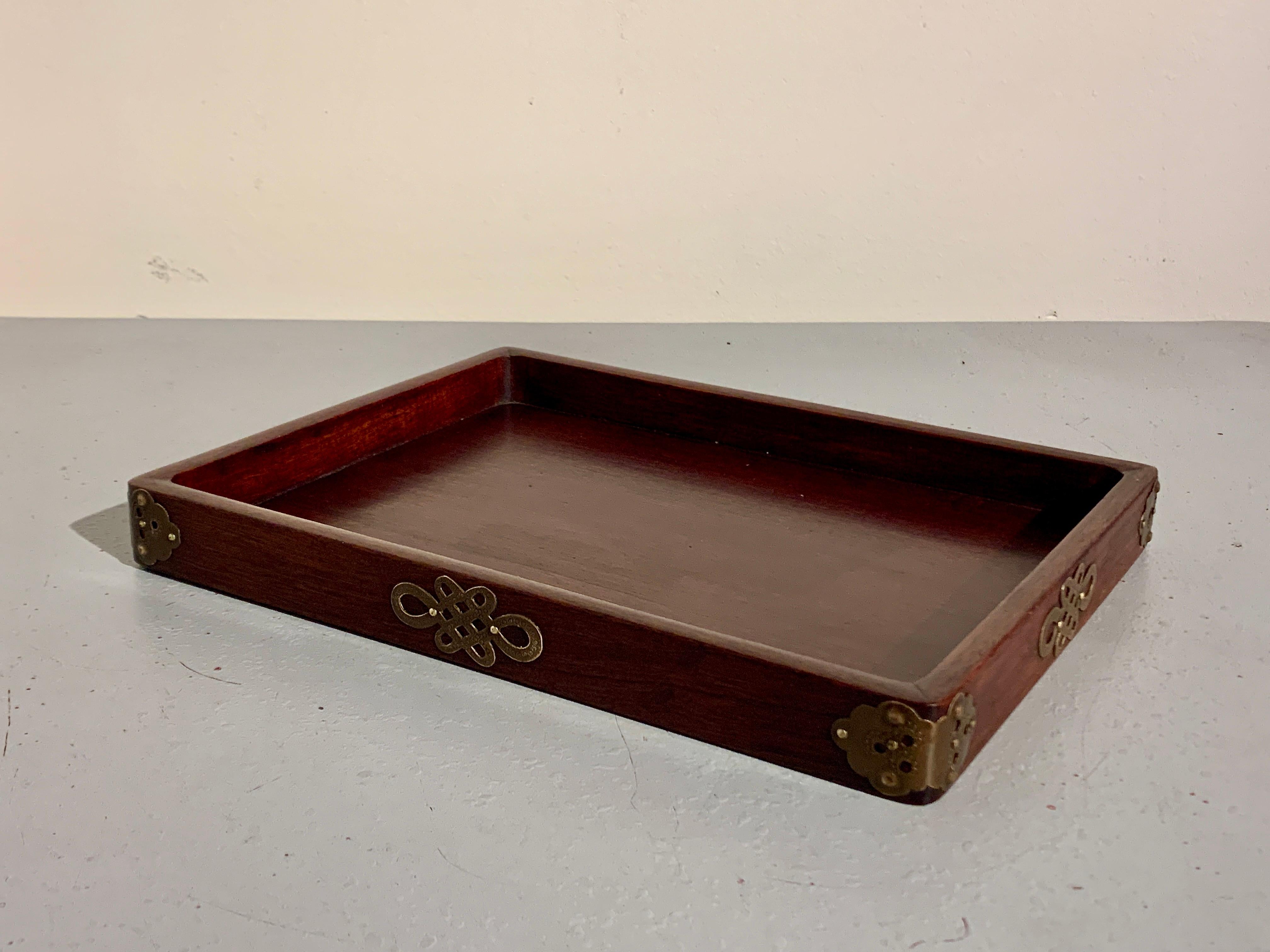 Joinery Chinese Hardwood Scholar Tray with Brass Mounts, Late Qing Dynasty For Sale