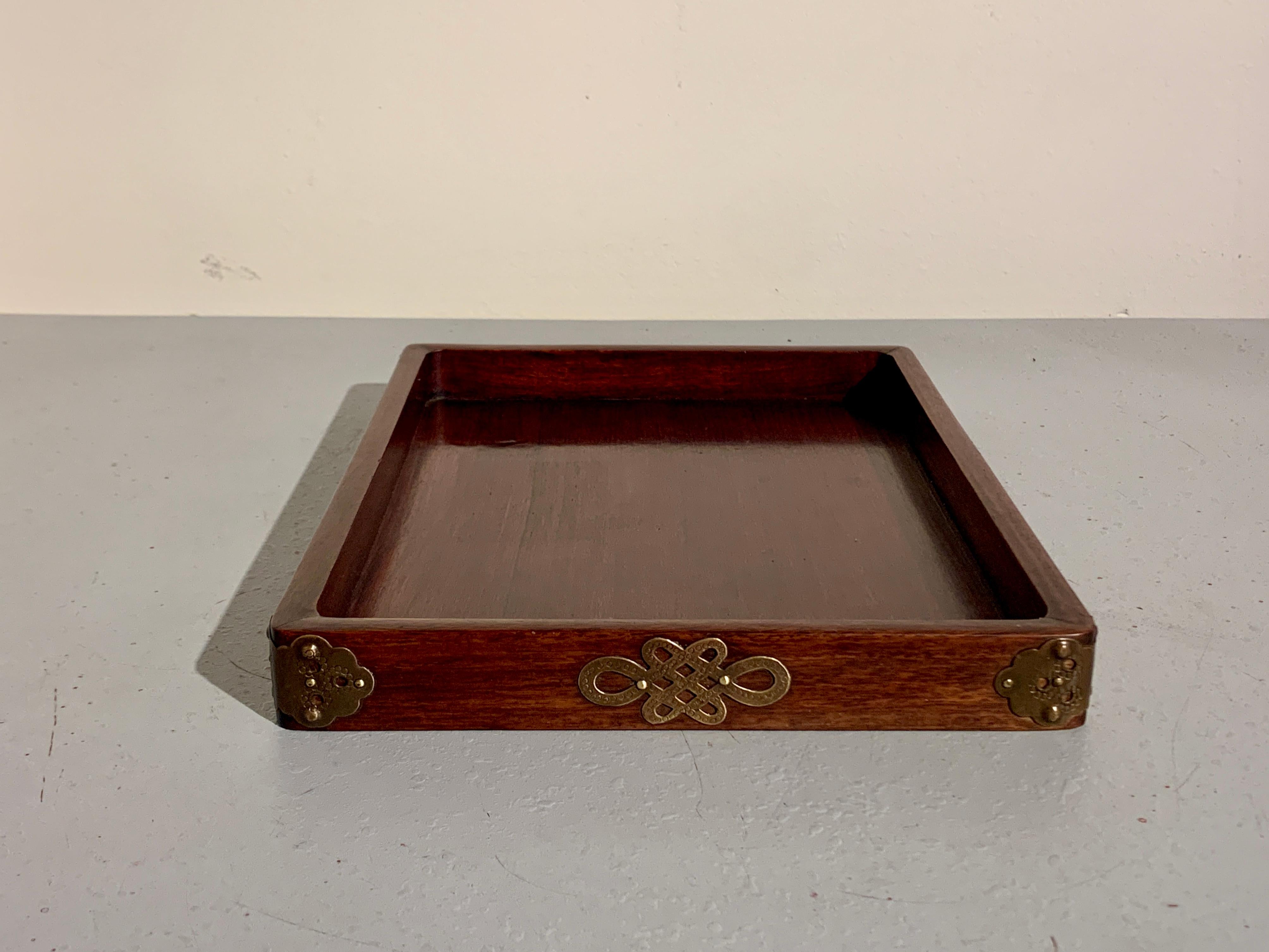 Chinese Hardwood Scholar Tray with Brass Mounts, Late Qing Dynasty In Good Condition For Sale In Austin, TX