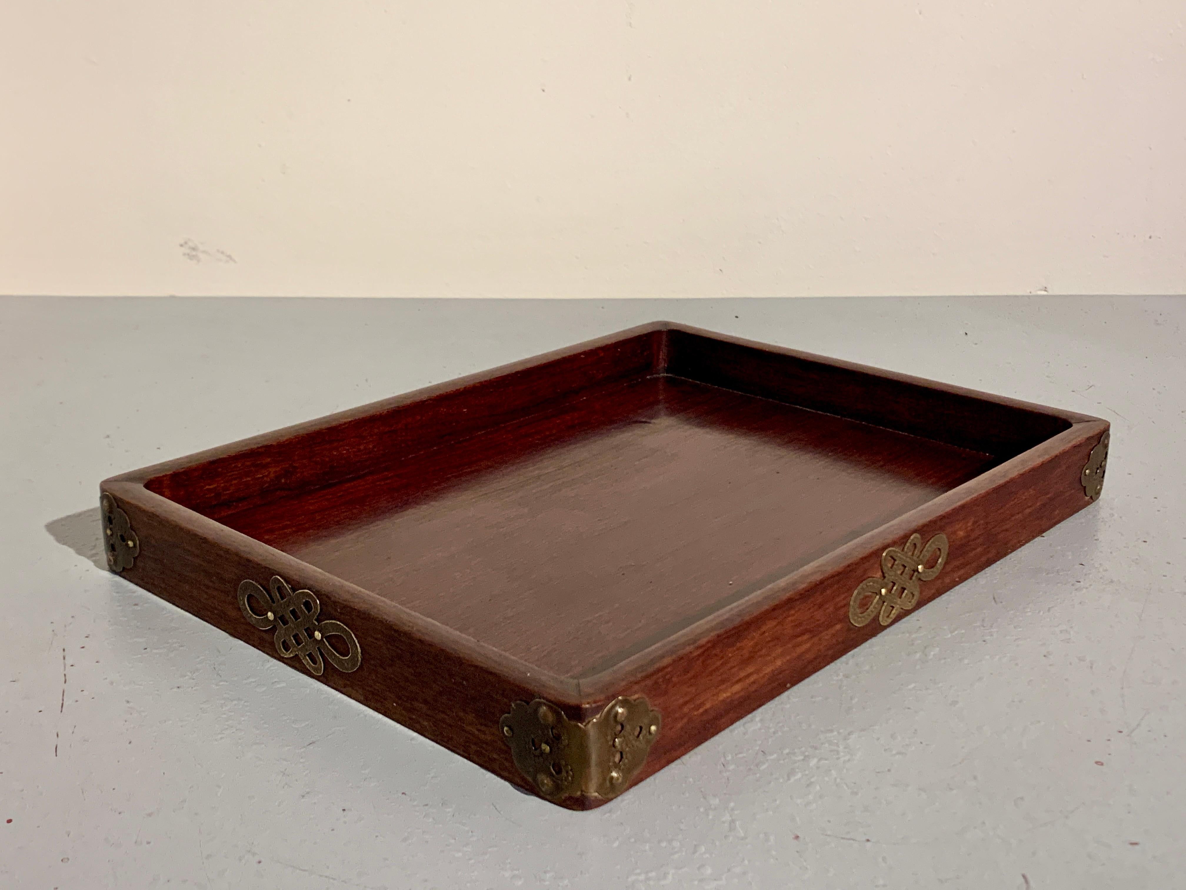 20th Century Chinese Hardwood Scholar Tray with Brass Mounts, Late Qing Dynasty For Sale