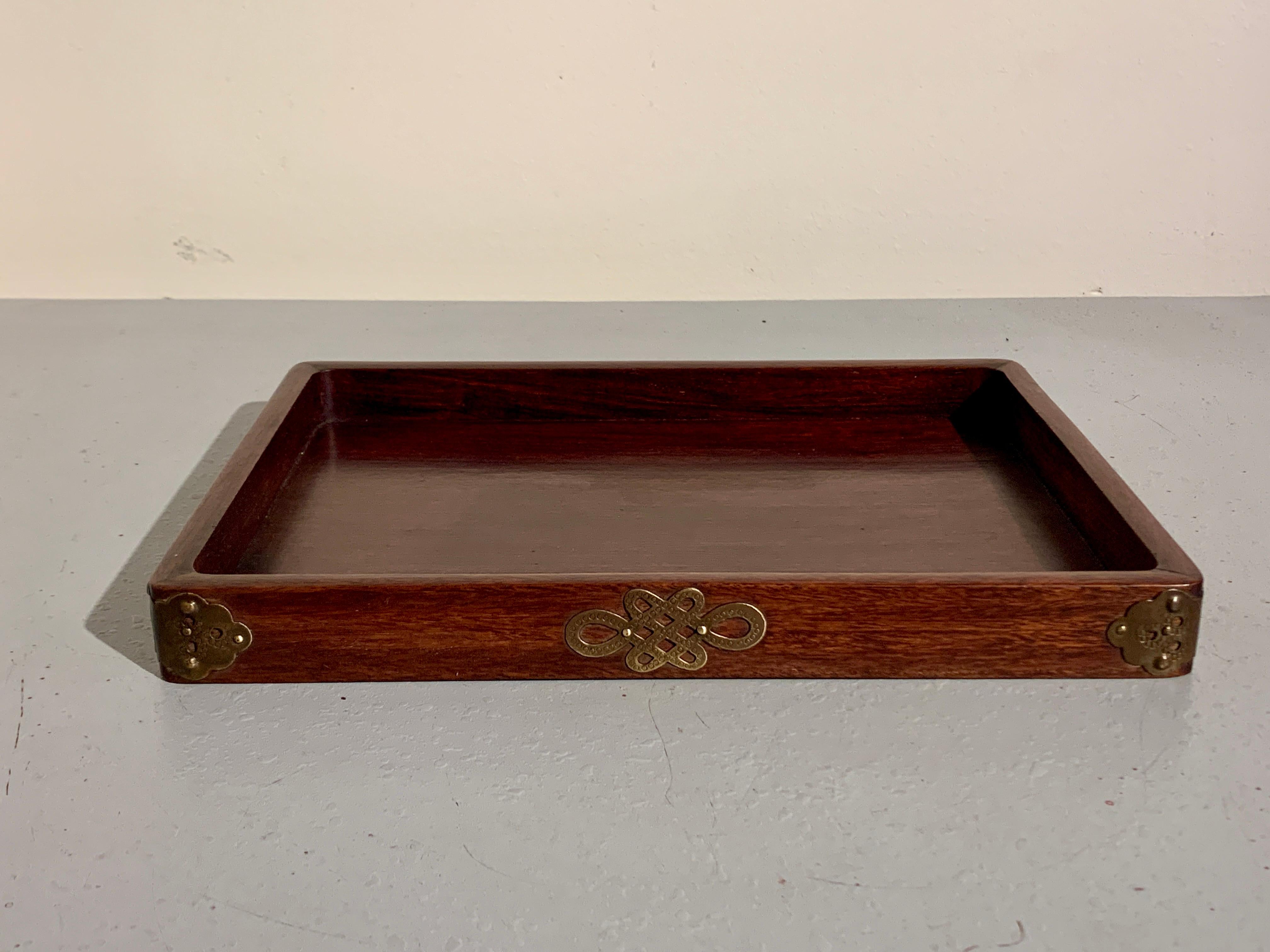 Chinese Hardwood Scholar Tray with Brass Mounts, Late Qing Dynasty For Sale 1