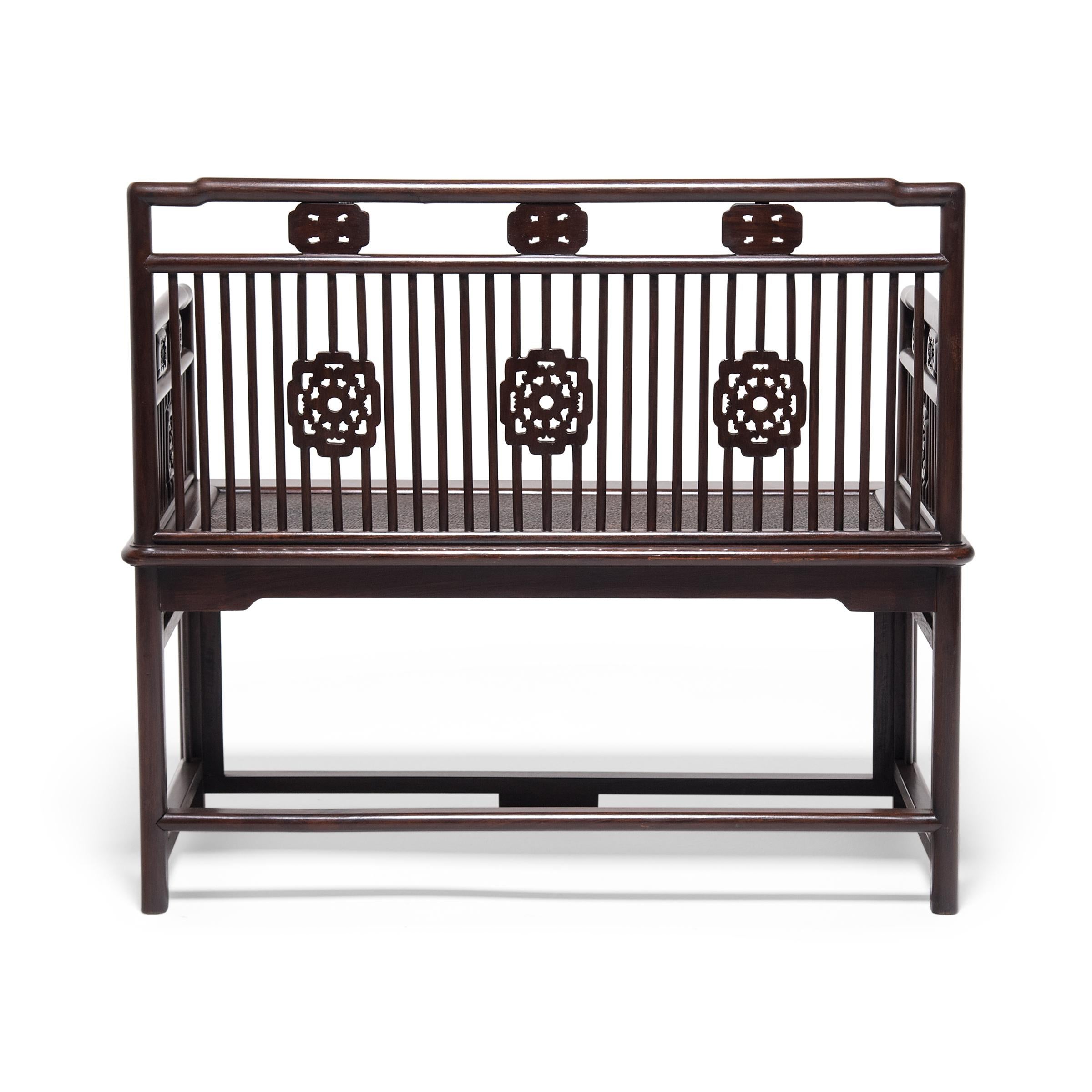 Chinese Hardwood Spindleback Bench, c. 1900 In Good Condition In Chicago, IL