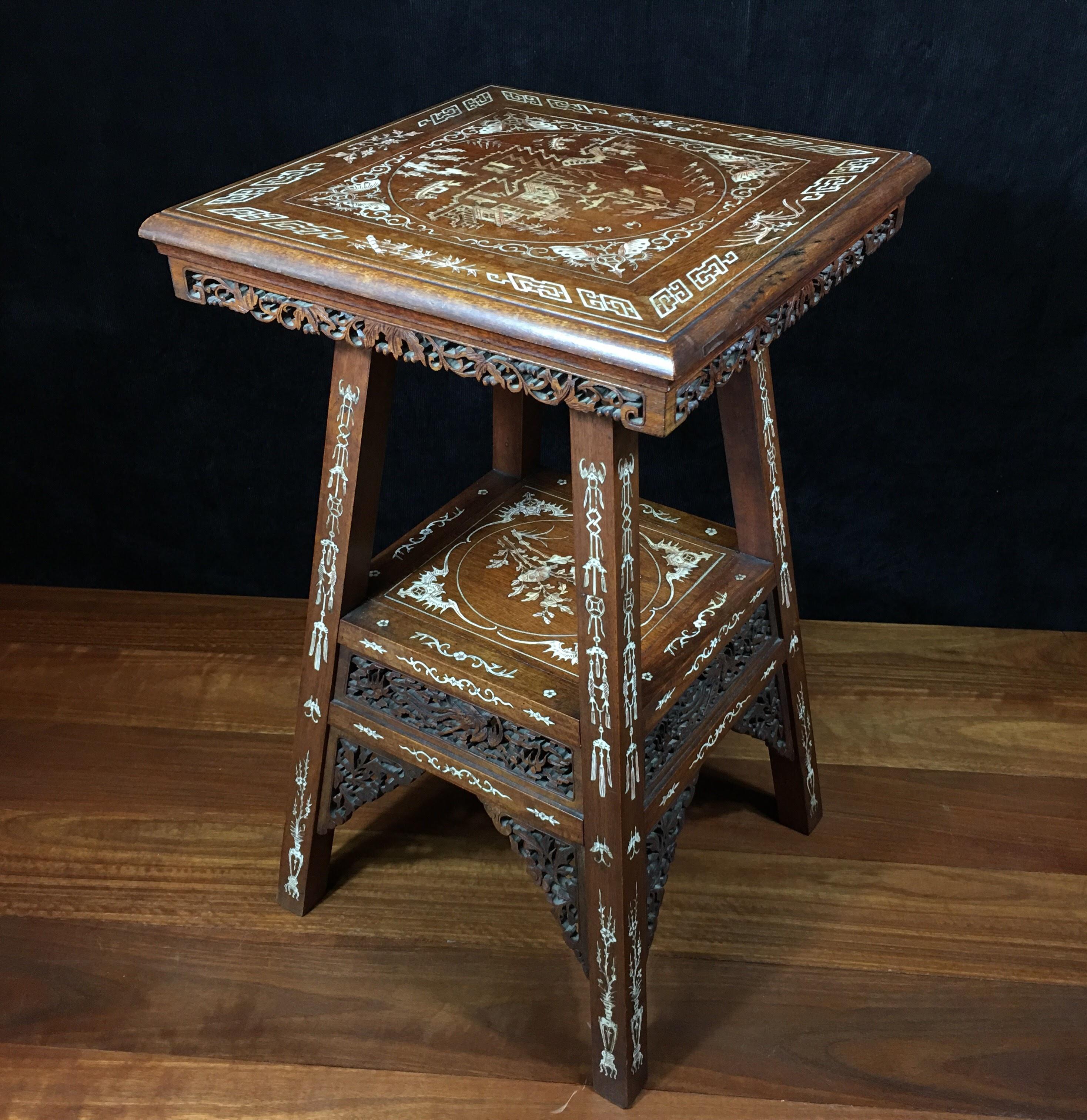 Chinese Hardwood Table with Fine Inlaid Bone Scenes, circa 1925 For Sale 7