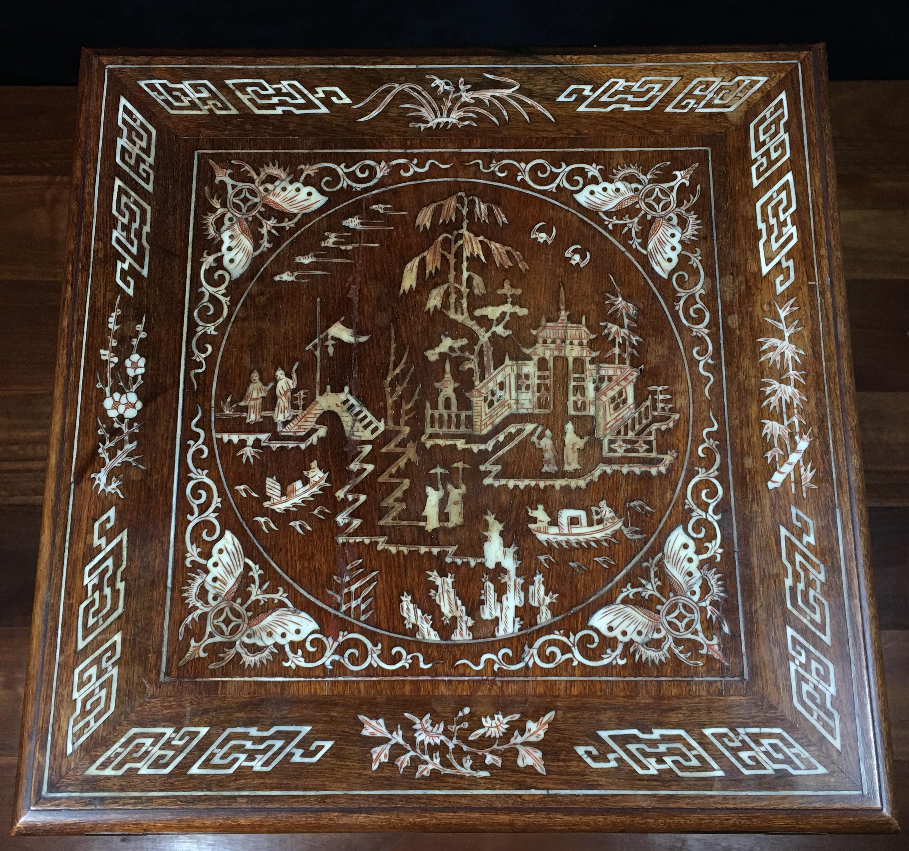 Chinese Hardwood Table with Fine Inlaid Bone Scenes, circa 1925 For Sale 10