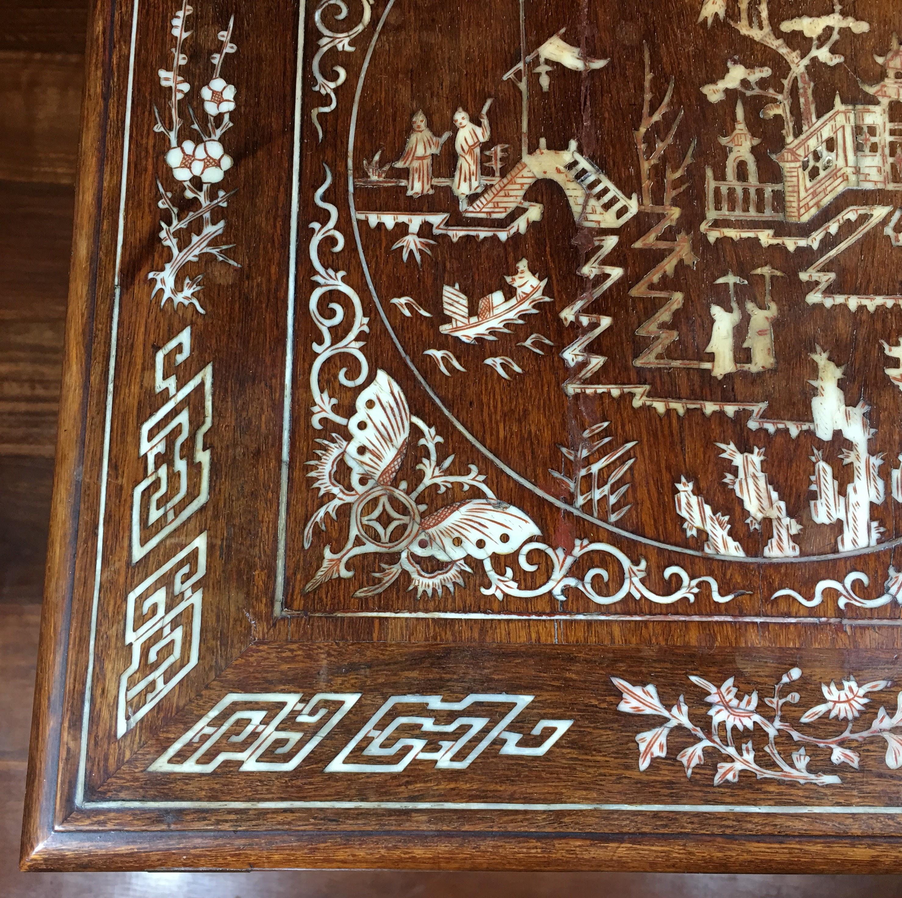 Chinese Hardwood Table with Fine Inlaid Bone Scenes, circa 1925 For Sale 11