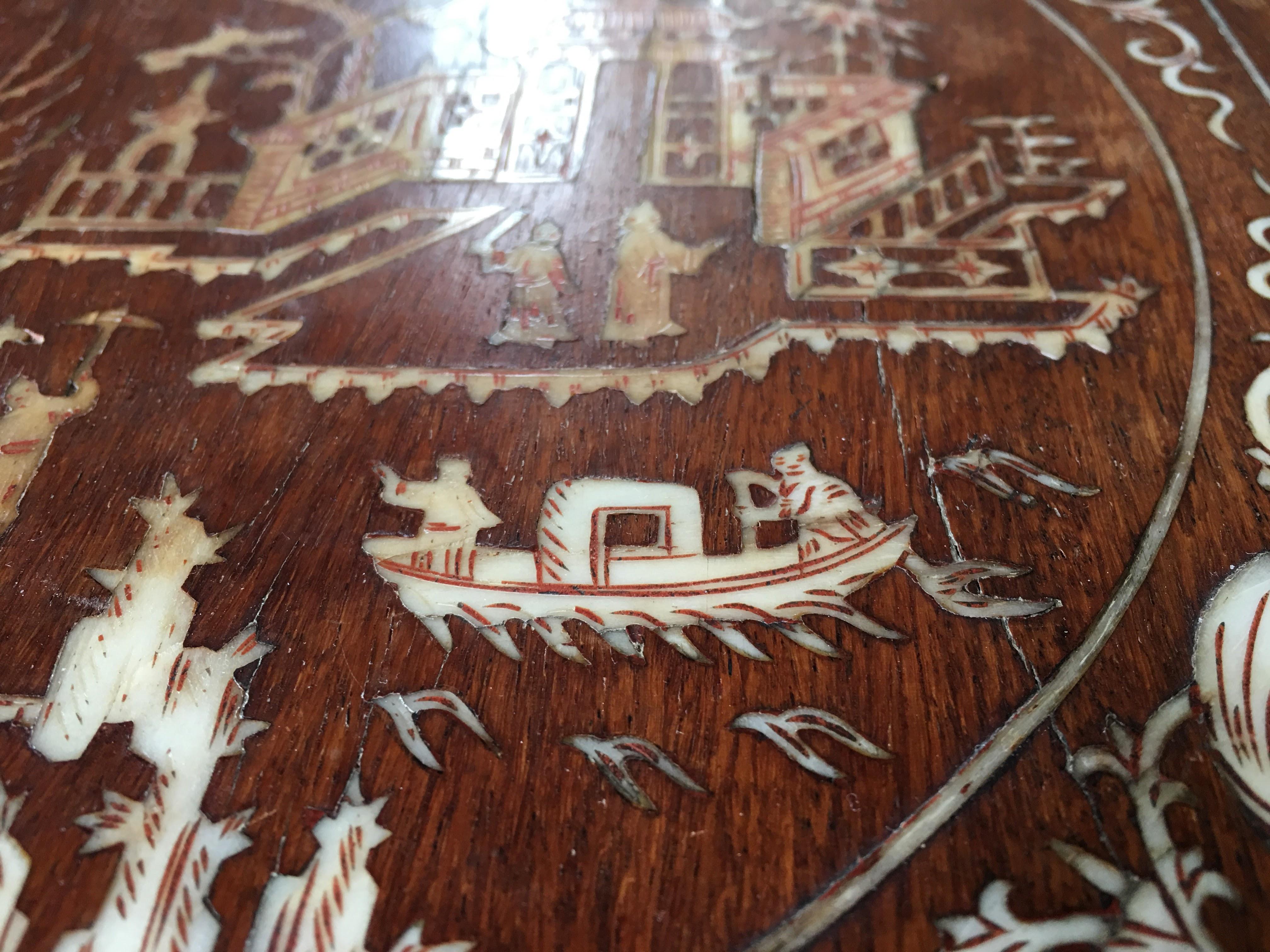 Hand-Carved Chinese Hardwood Table with Fine Inlaid Bone Scenes, circa 1925 For Sale