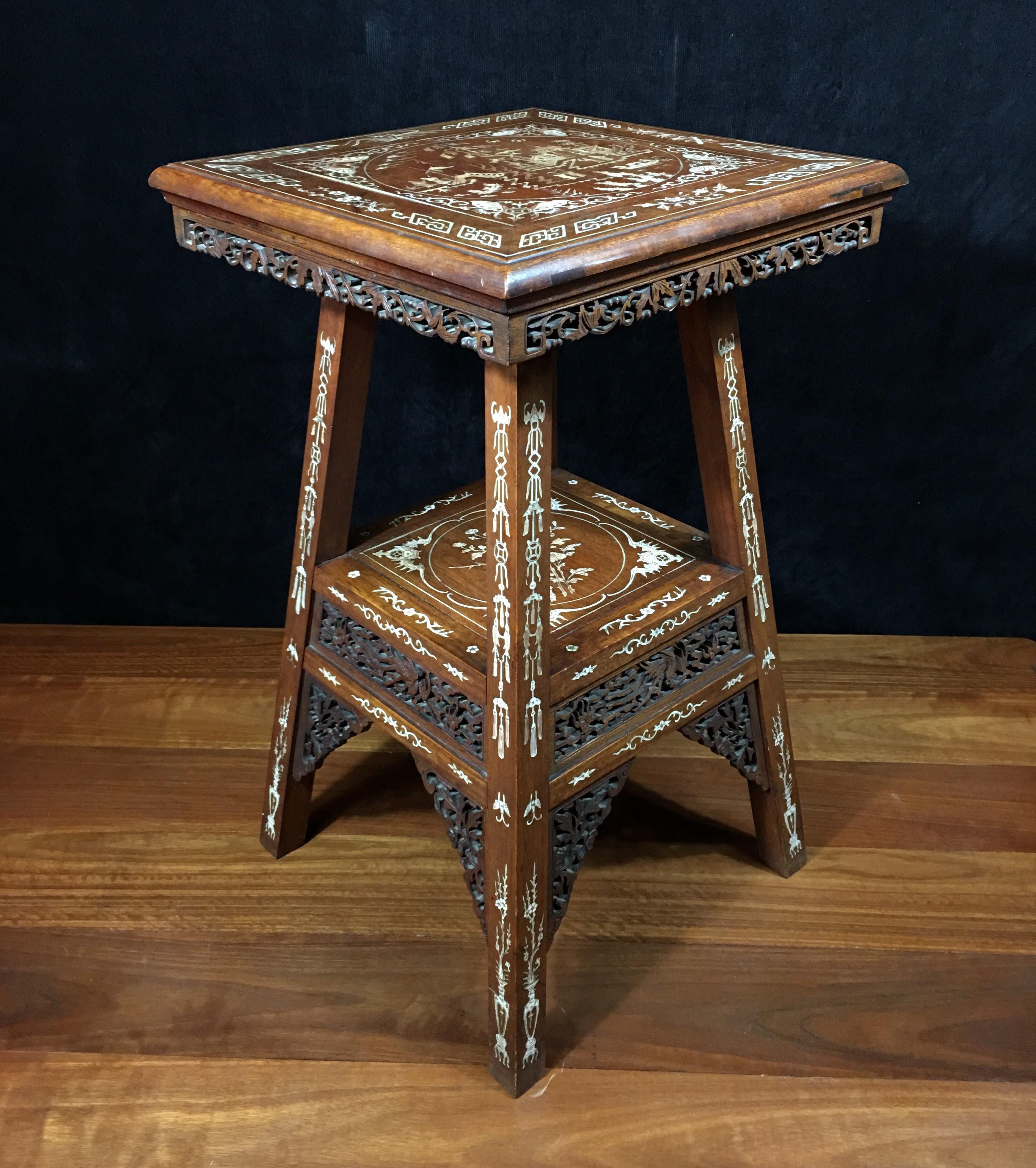 Chinese Hardwood Table with Fine Inlaid Bone Scenes, circa 1925 For Sale 2