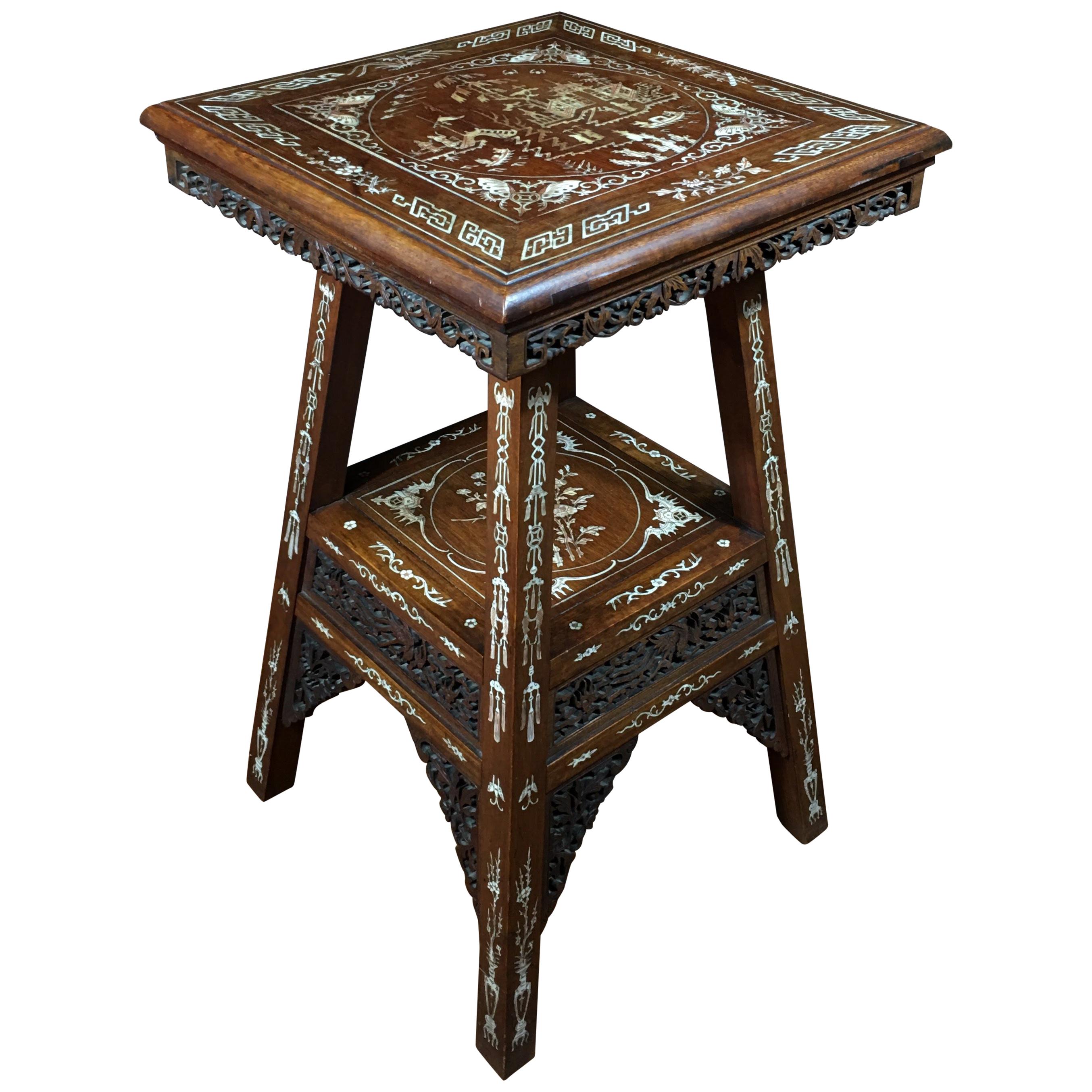 Chinese Hardwood Table with Fine Inlaid Bone Scenes, circa 1925 For Sale