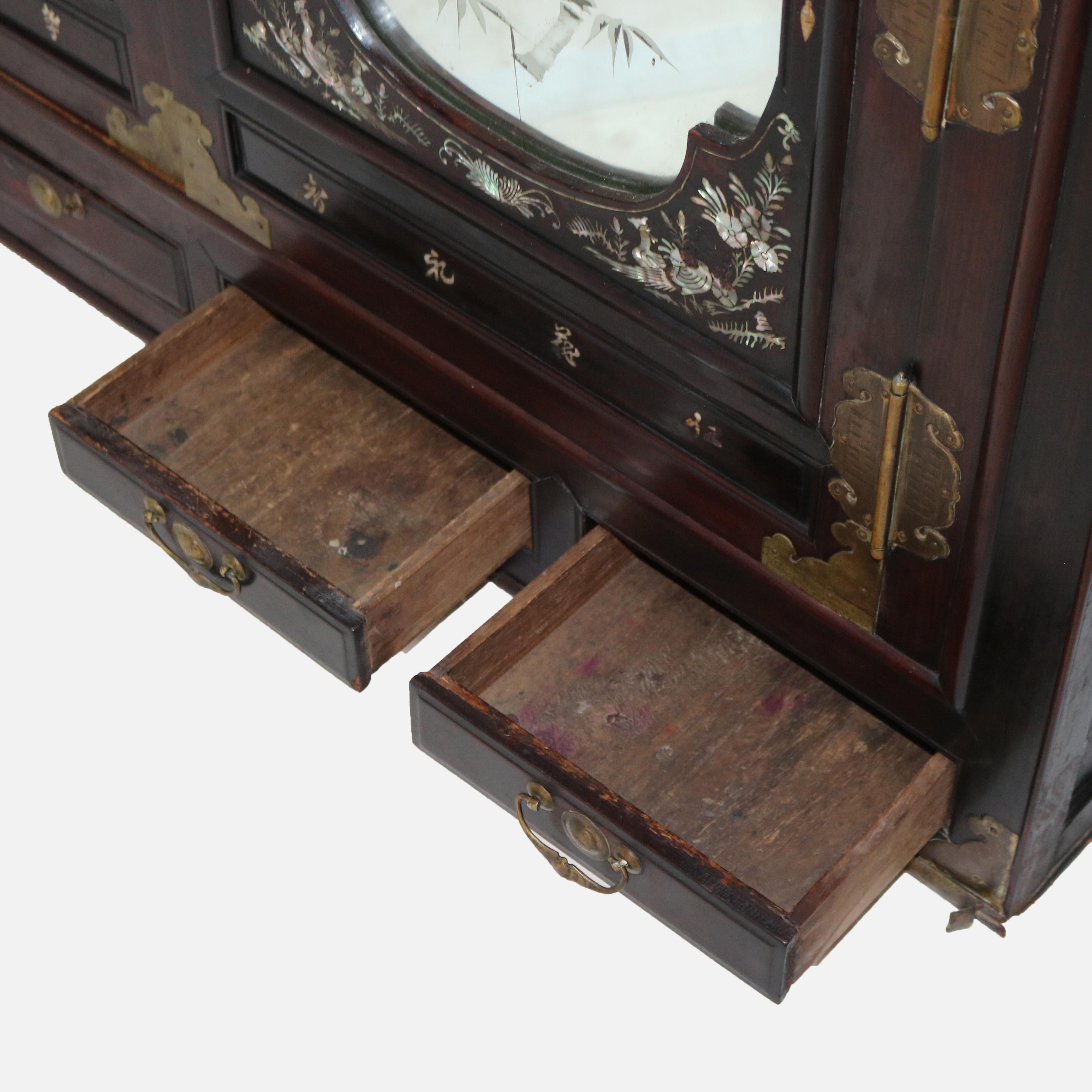 Asian Chinese Hardwood Wedding Cabinet with Mirrors & Mother of Pearl Inlay, 19thC For Sale