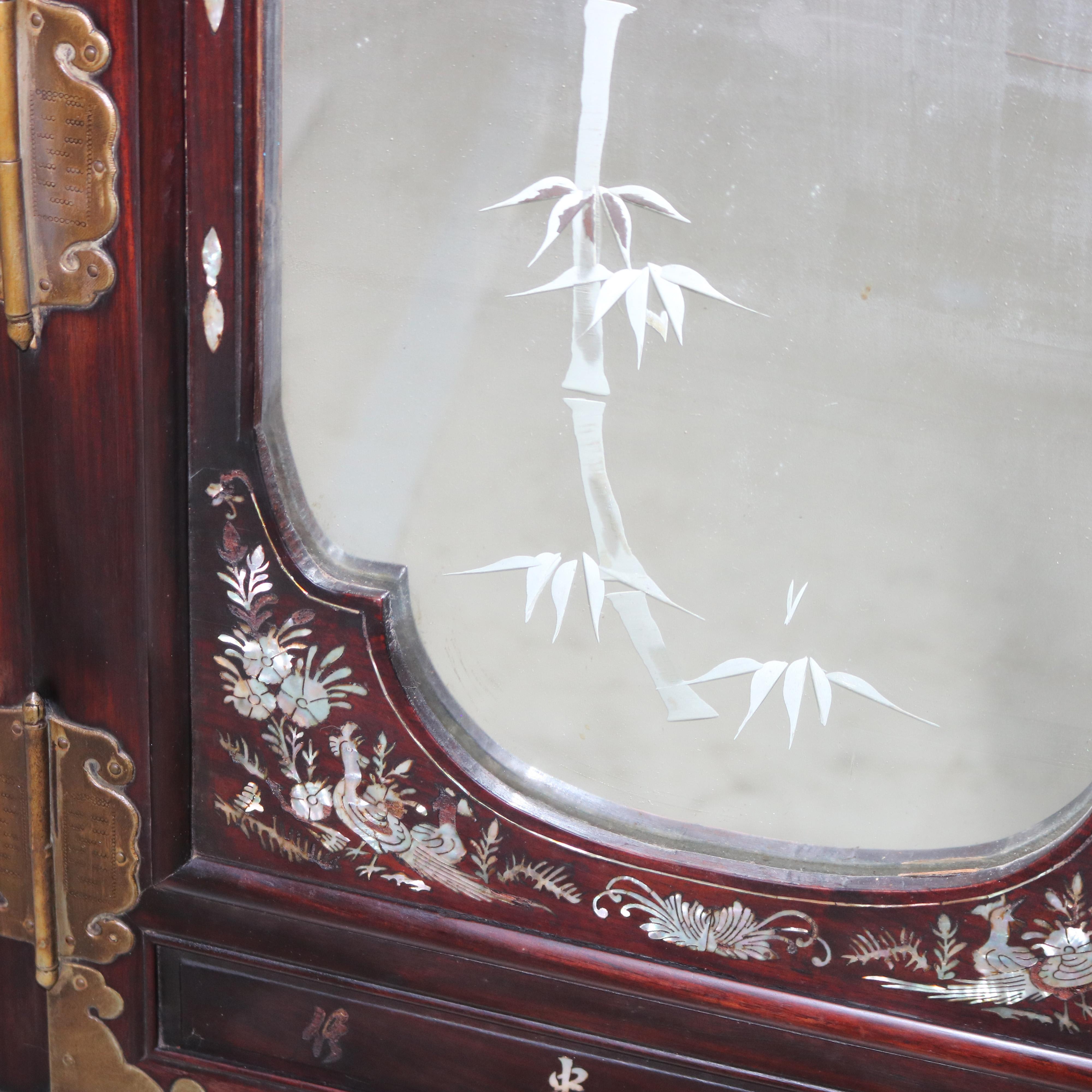 Mother-of-Pearl Chinese Hardwood Wedding Cabinet with Mirrors & Mother of Pearl Inlay, 19thC For Sale