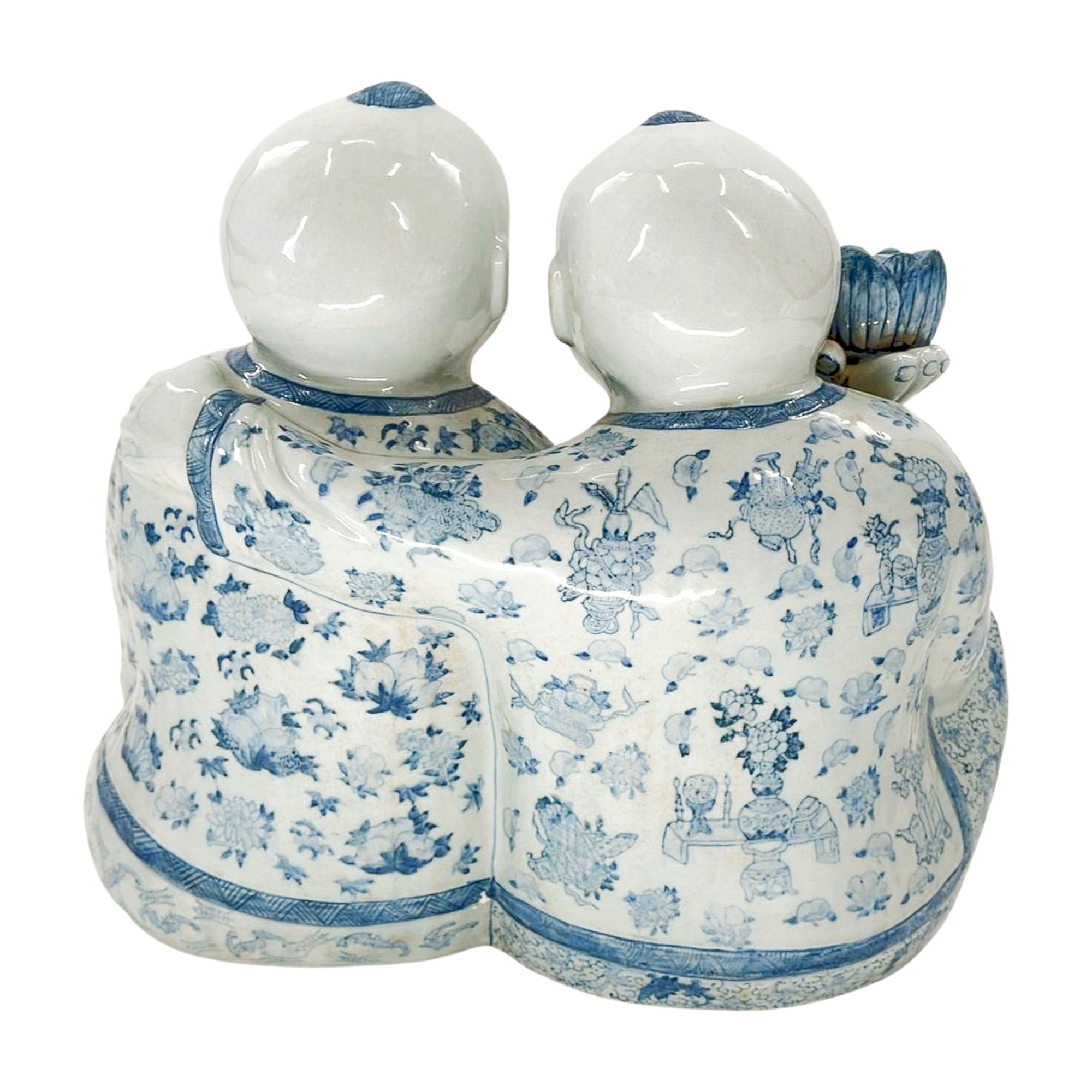 Chinese Export Chinese He He Er Xian Blue and White Porcelain Twins For Sale