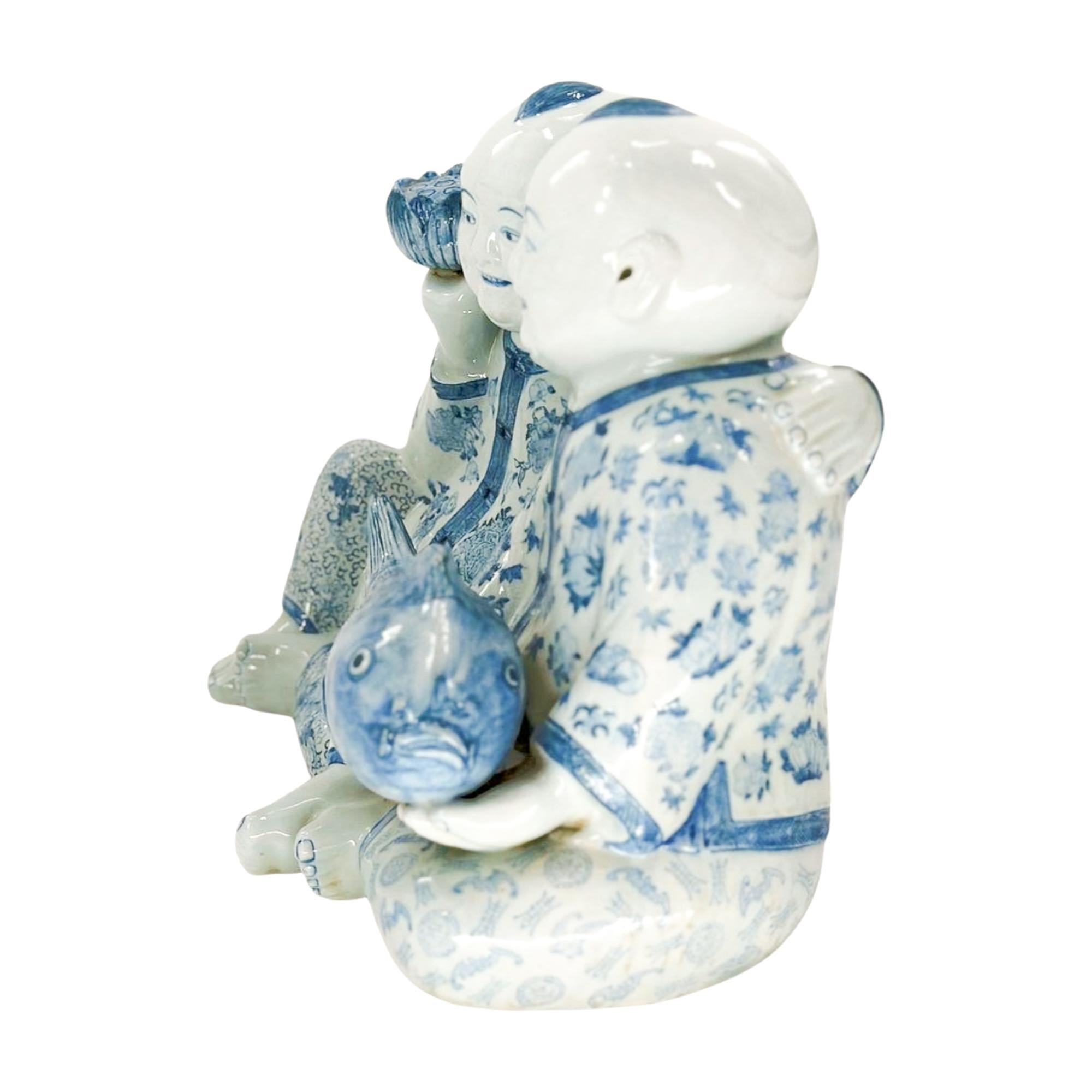 Hand-Painted Chinese He He Er Xian Blue and White Porcelain Twins For Sale