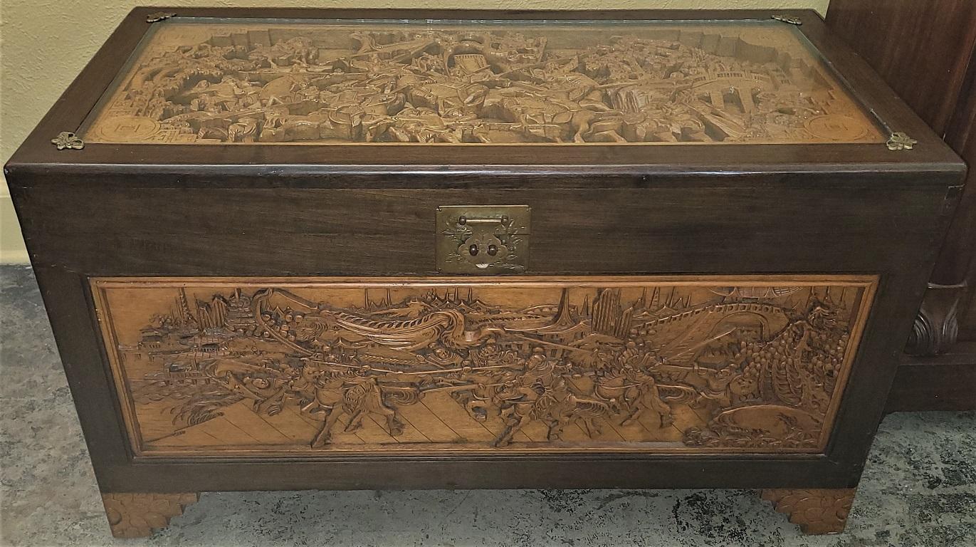 Chinese Heavily Carved Camphor Dowry Chest or Coffee Table 2