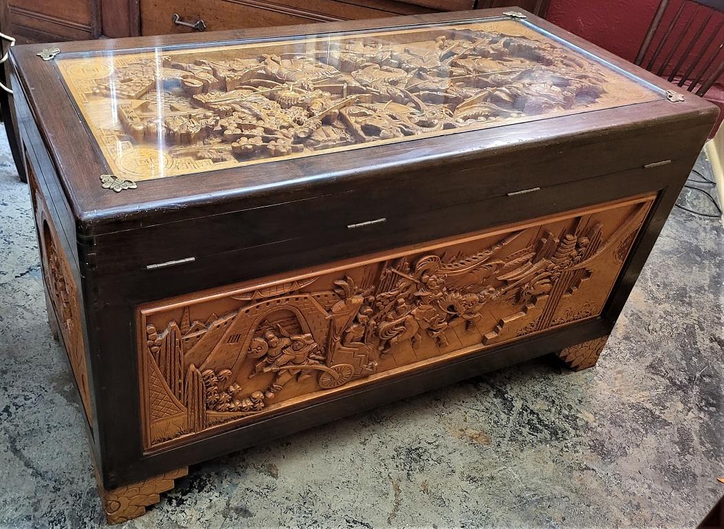Chinese Export Chinese Heavily Carved Camphor Dowry Chest or Coffee Table