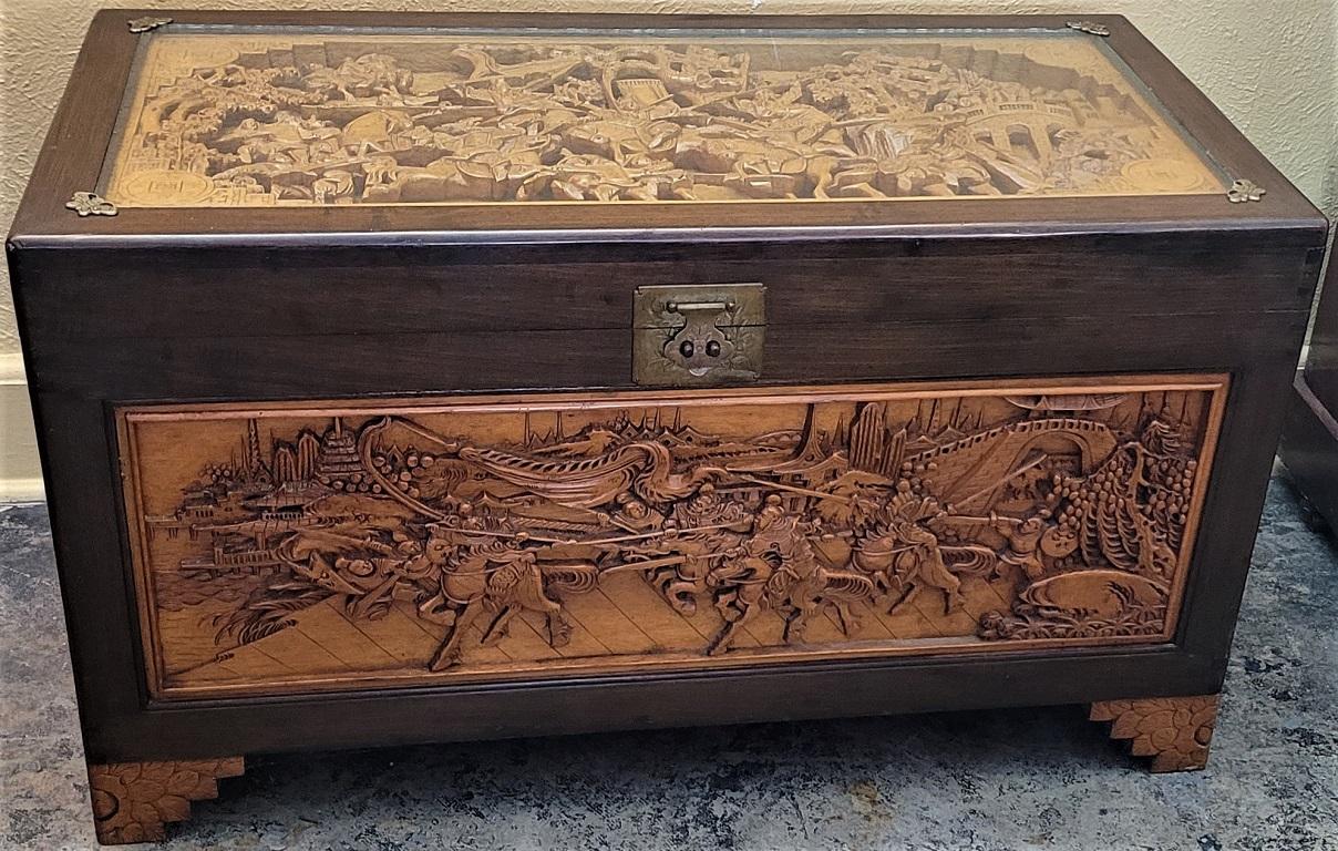Hand-Carved Chinese Heavily Carved Camphor Dowry Chest or Coffee Table