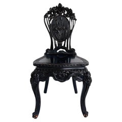 Chinese Heavily Carved Ebonized Chair with Art Nouveau Influence, Greek Key Trim