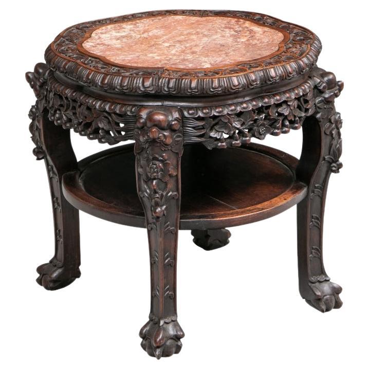 Chinese Heavily Carved Marble Top Tiered Stand For Sale