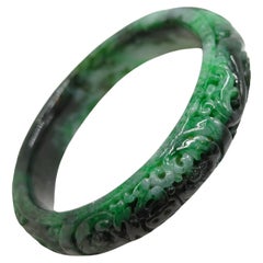 Chinese Carved Natural A-Grade Mottled Green to Ink Jadeite Bangle ID:60mm 68gr
