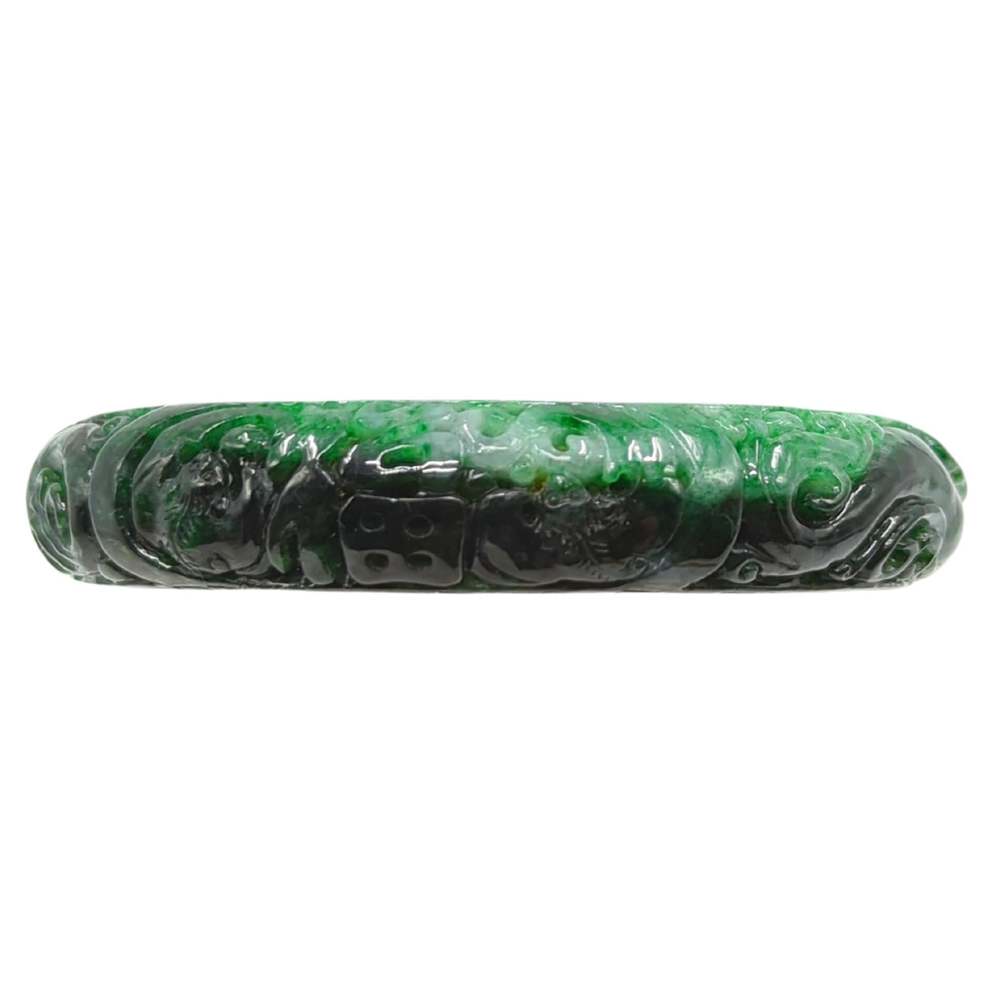 Women's Chinese Carved Natural A-Grade Mottled Green to Ink Jadeite Bangle ID:60mm 68gr For Sale