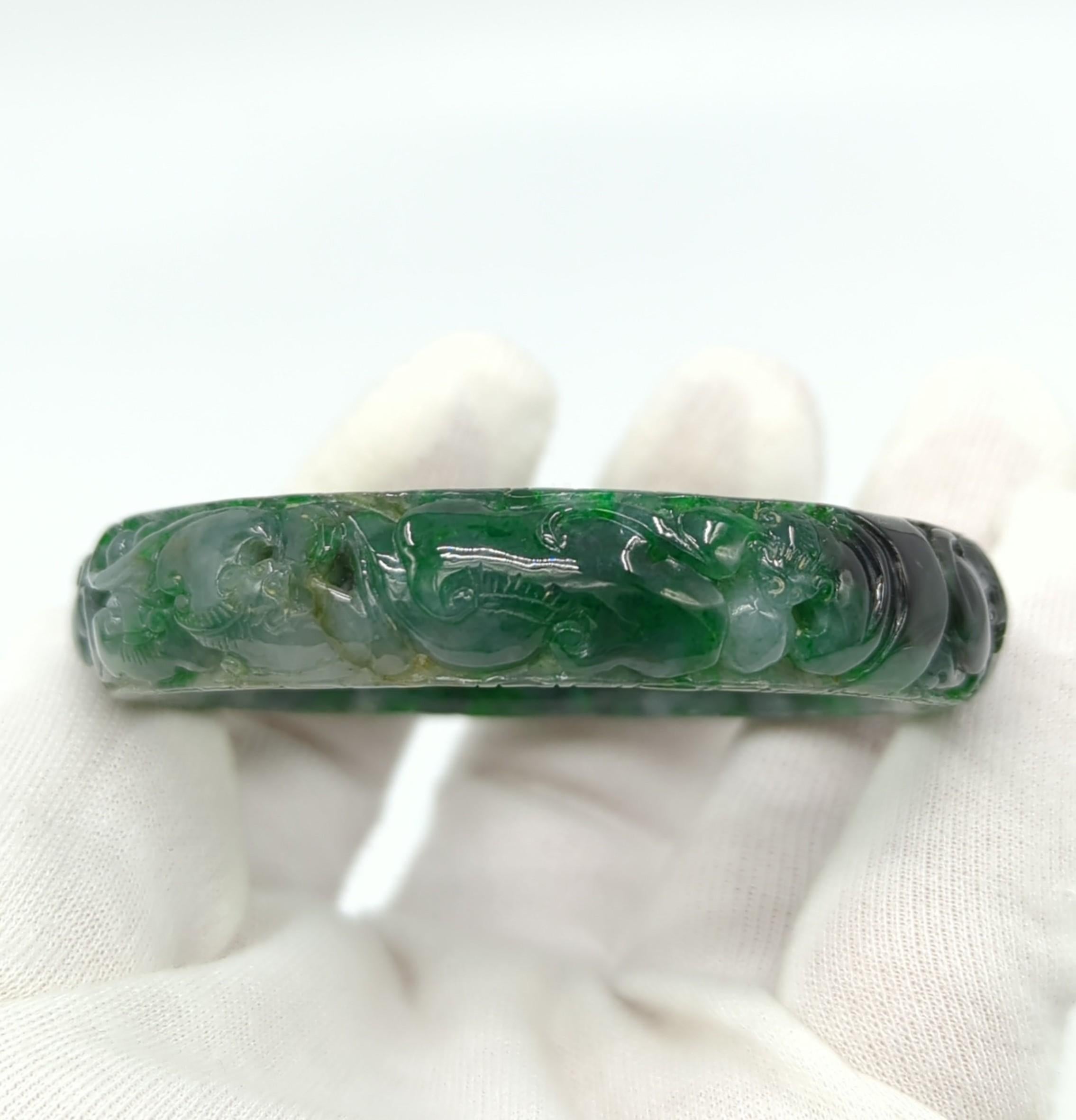 Chinese Heavily Carved Natural A-Grade Green to Ink Jadeite Bangle ID:60mm 54.5g For Sale 2