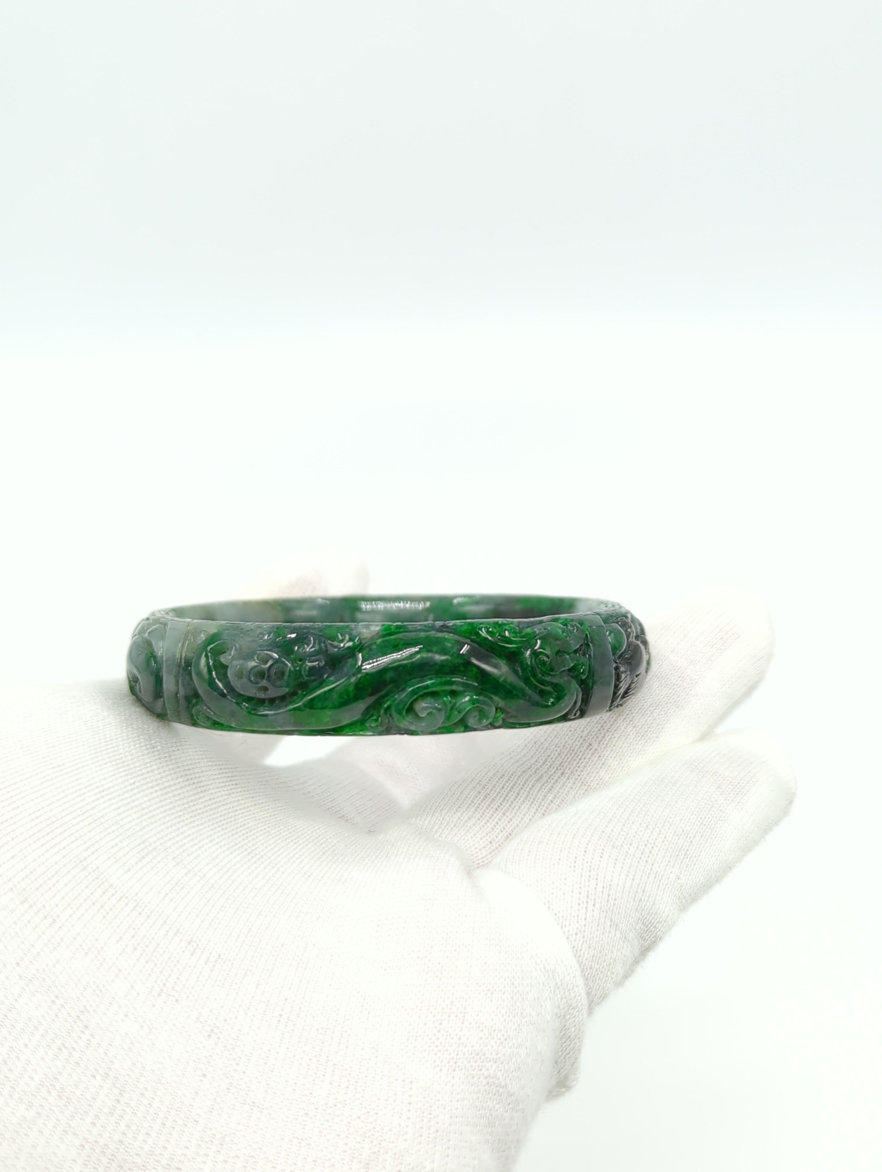 Chinese Heavily Carved Natural A-Grade Green to Ink Jadeite Bangle ID:60mm 54.5g For Sale 3