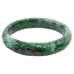 Chinese Heavily Carved Natural A-Grade Green to Ink Jadeite Bangle ID:60mm 54.5g