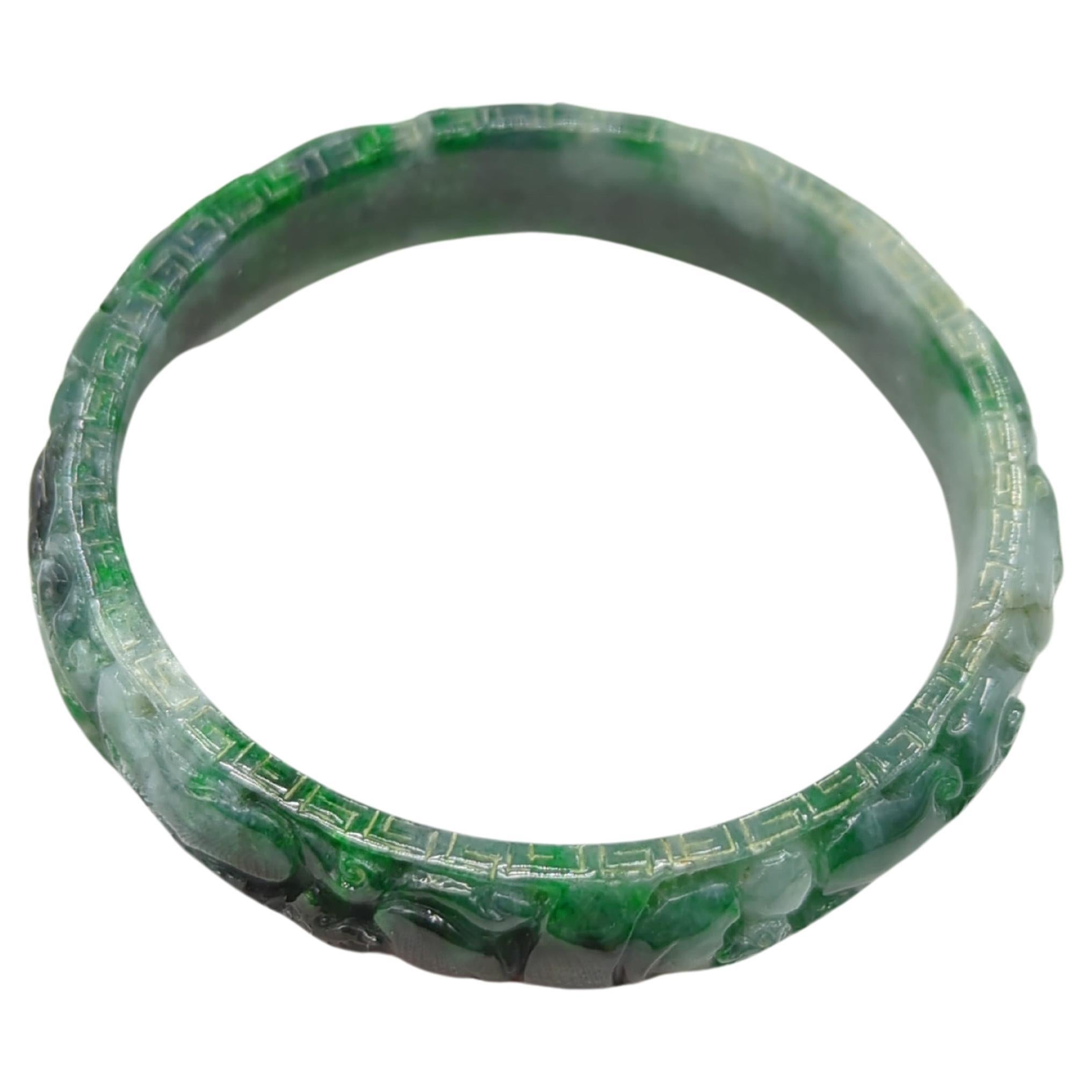 Artisan Chinese Heavily Carved Natural A-Grade Green to Ink Jadeite Bangle ID:60mm 54.5g For Sale