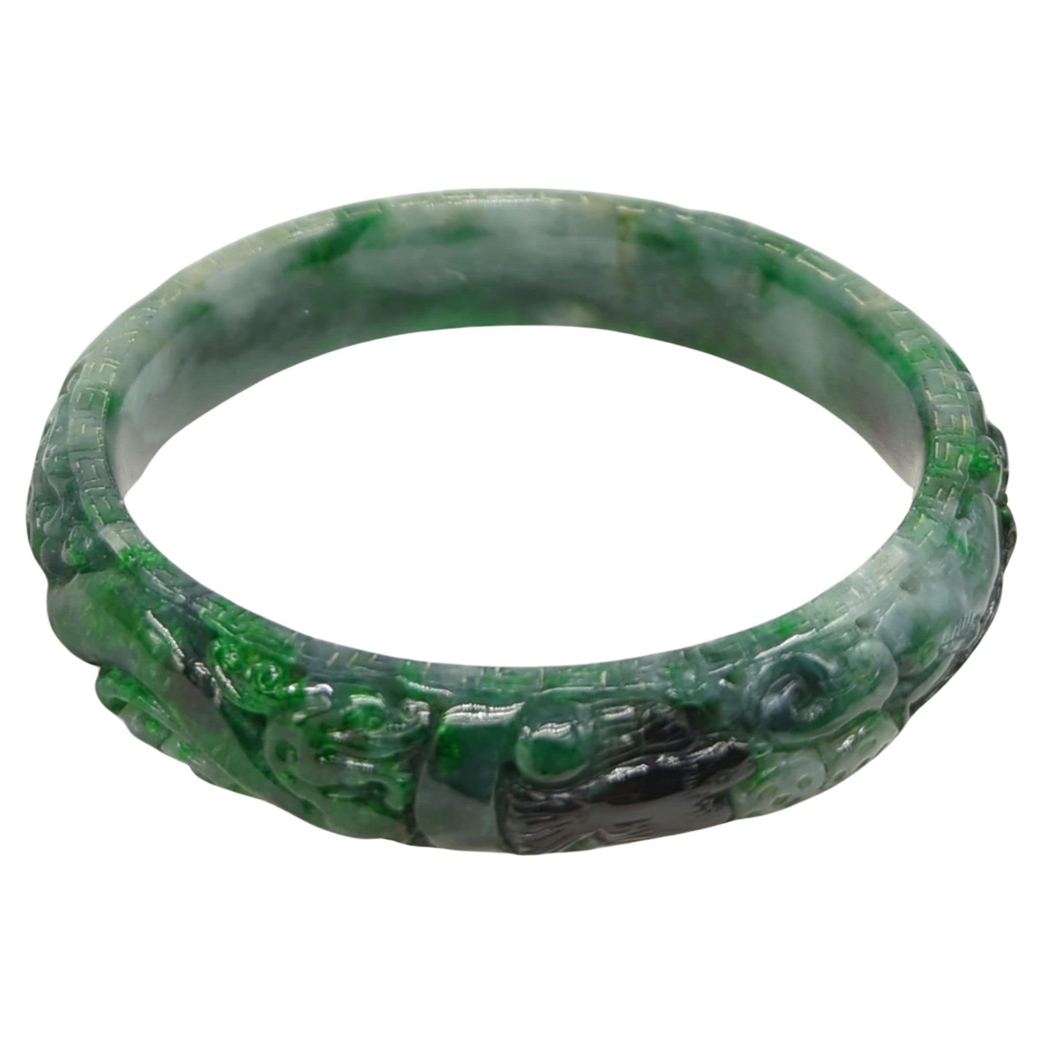 Mixed Cut Chinese Heavily Carved Natural A-Grade Green to Ink Jadeite Bangle ID:60mm 54.5g For Sale